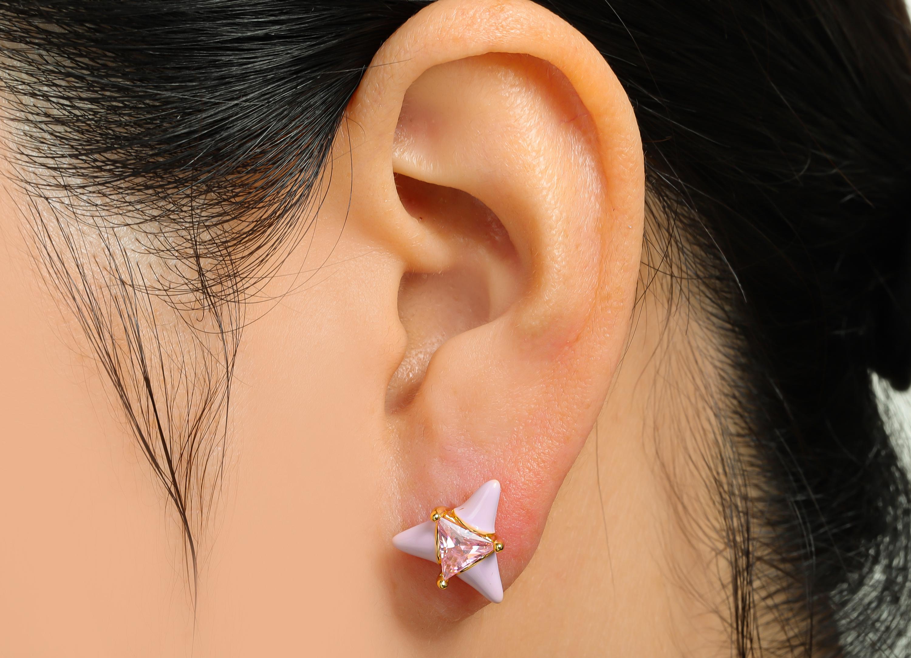 Chic Triangle Stud Earring - Brass Purple Enamel Bold Earring - Vibrant Cubic Zircon Jewelry - 18k Real Gold Plated - 12x12x5mm - RGP10389C - DOMEDBAZAAR