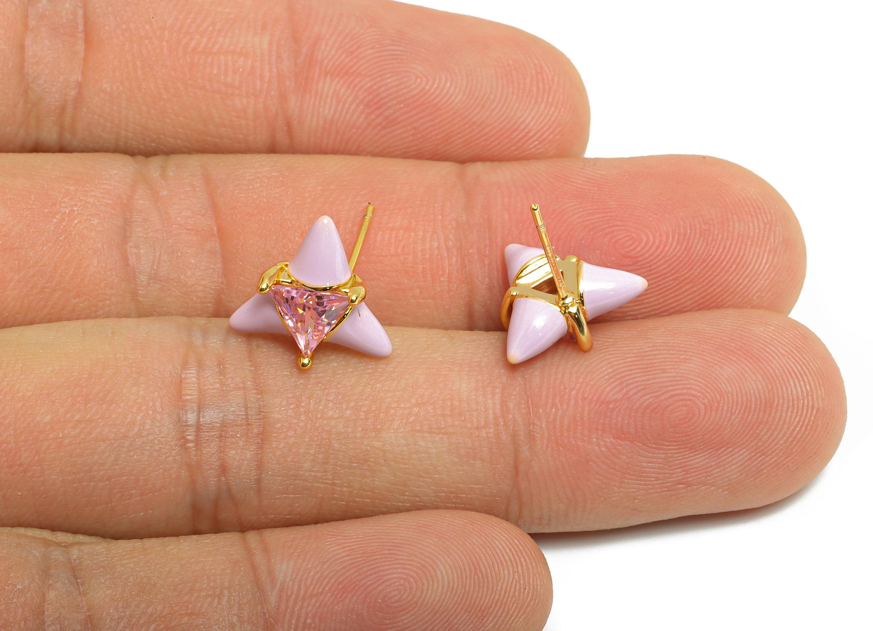 Chic Triangle Stud Earring - Brass Purple Enamel Bold Earring - Vibrant Cubic Zircon Jewelry - 18k Real Gold Plated - 12x12x5mm - RGP10389C - DOMEDBAZAAR