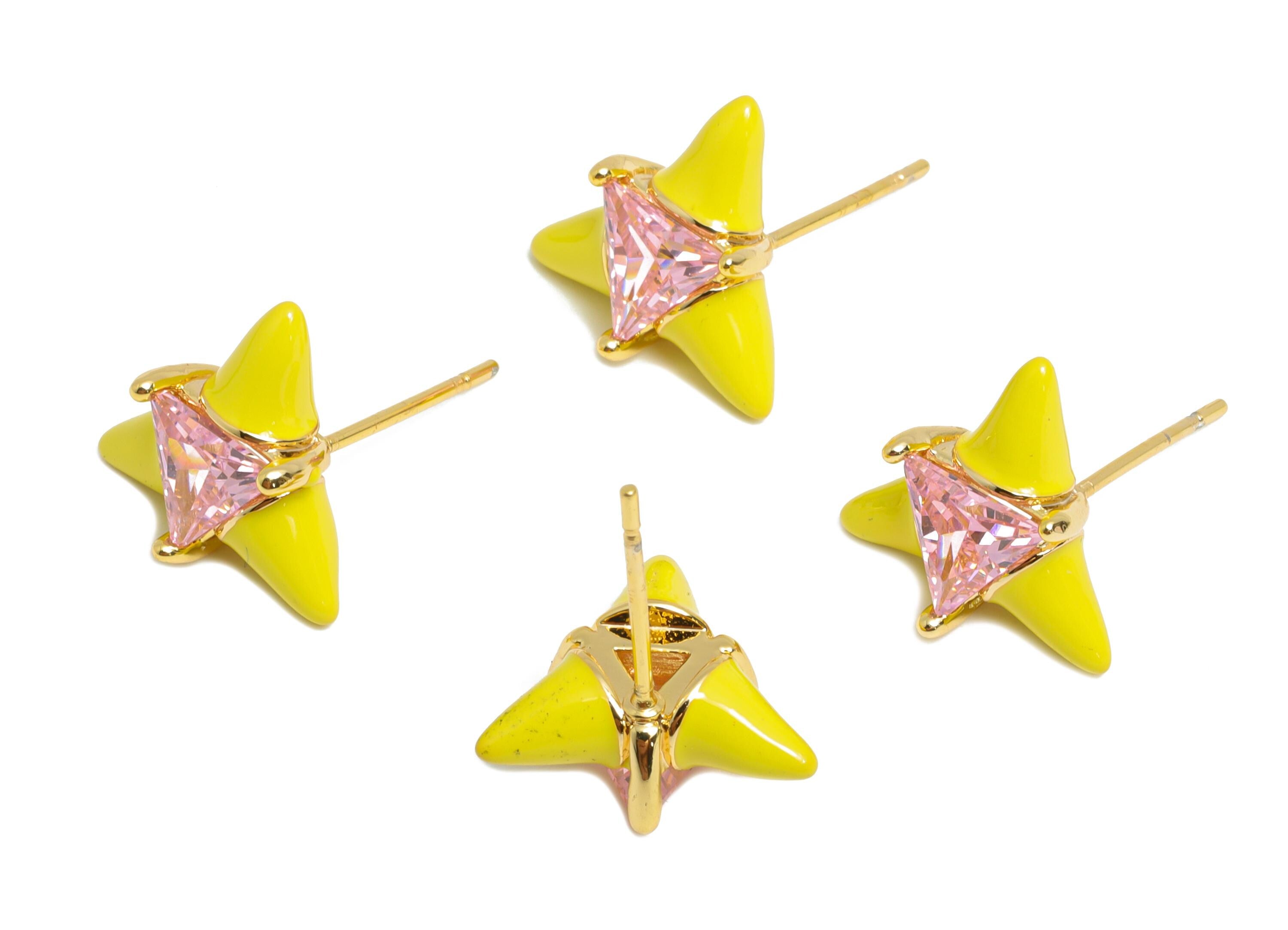 Chic Triangle Stud Earring - Brass Yellow Enamel Bold Earring - Vibrant Cubic Zircon Jewelry - 18k Real Gold Plated - 12x12x5mm - RGP10389D - DOMEDBAZAAR