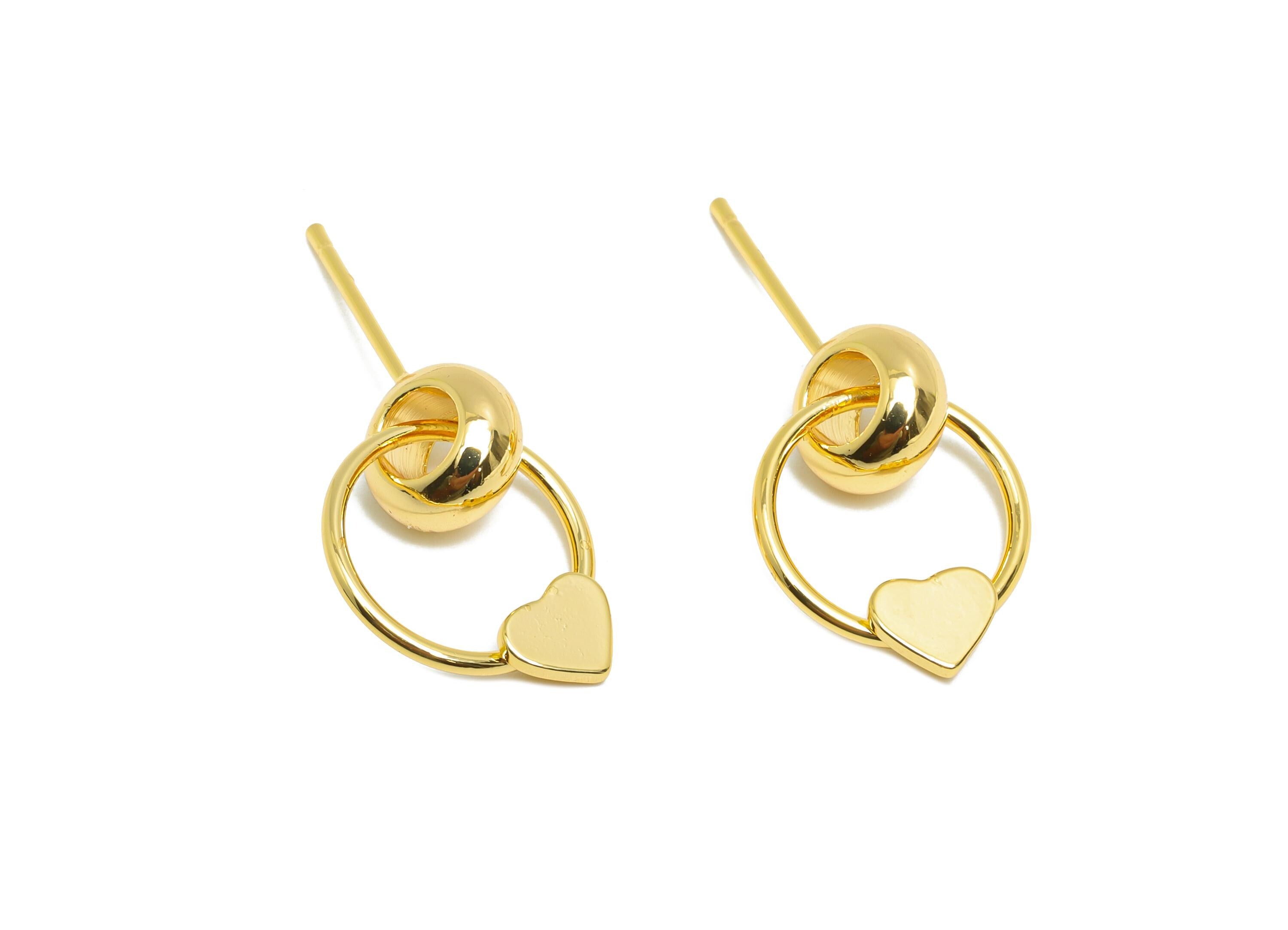 Brass Dangle Earring Stud - Brass Double Round Interlock Earring Post - Heart Dangle Earring Post -18K Real Gold-Plated - 18x13x4mm -RGP9444 - DOMEDBAZAAR