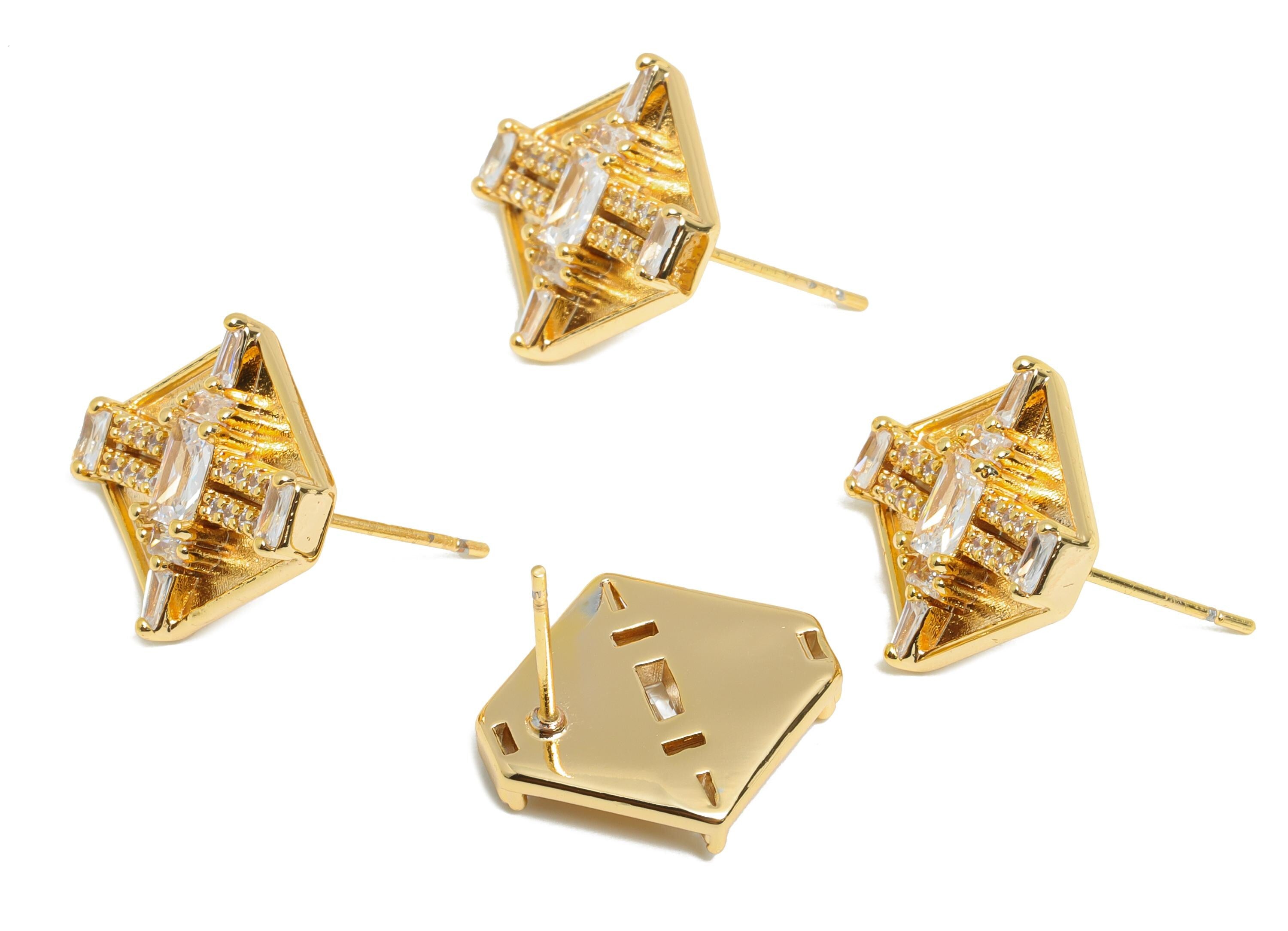 Hexagonal Geometric Earring - Brass Sophisticated Party Earring - Rectangular Baguette Cut Stone - 18K Real Gold Plated - 17x16x4mm-RGP10379 - DOMEDBAZAAR