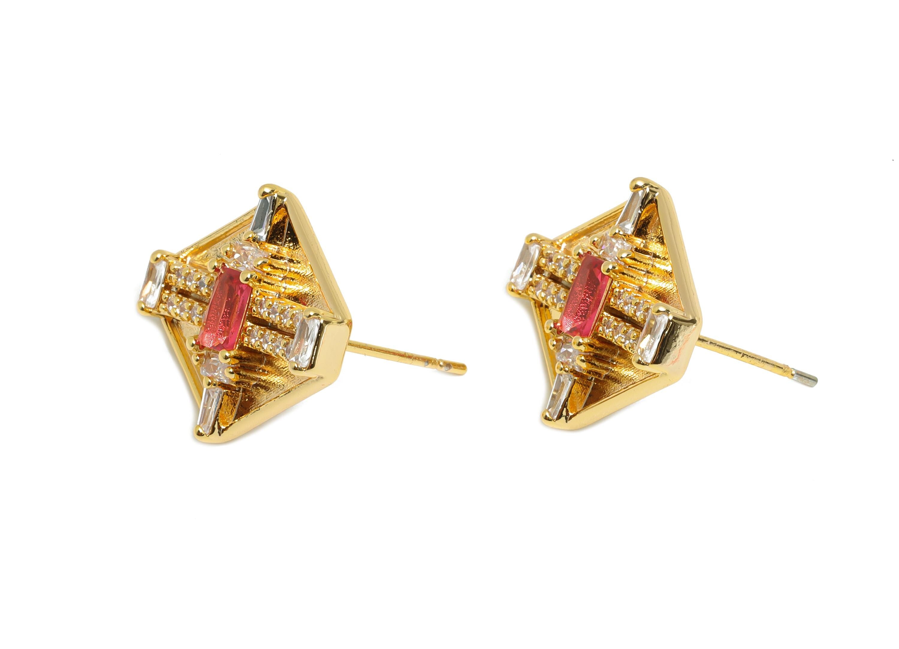 Hexagonal Ruby Earring - Brass Sophisticated Party Earring - Rectangular Baguette Cut Stone - 18K Real Gold Plating - 17x16x4mm - RGP11380 - DOMEDBAZAAR