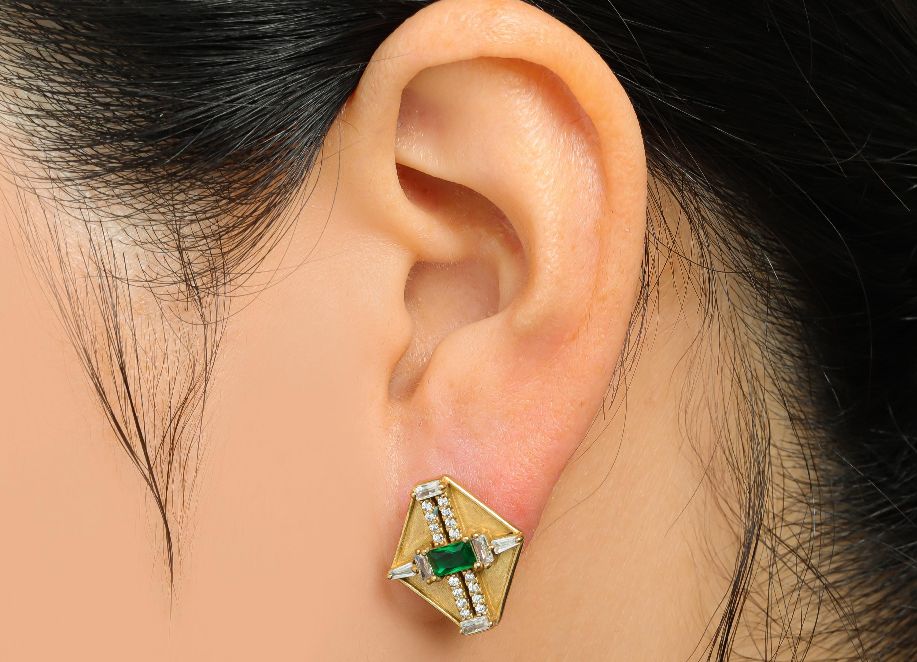 Hexagonal Green Spinel Earring - Raw Brass Sophisticated Party Earring - Minimalist Luxe Earrings - Modern Jewelry - 17.19x16x4mm - PP11041 - DOMEDBAZAAR