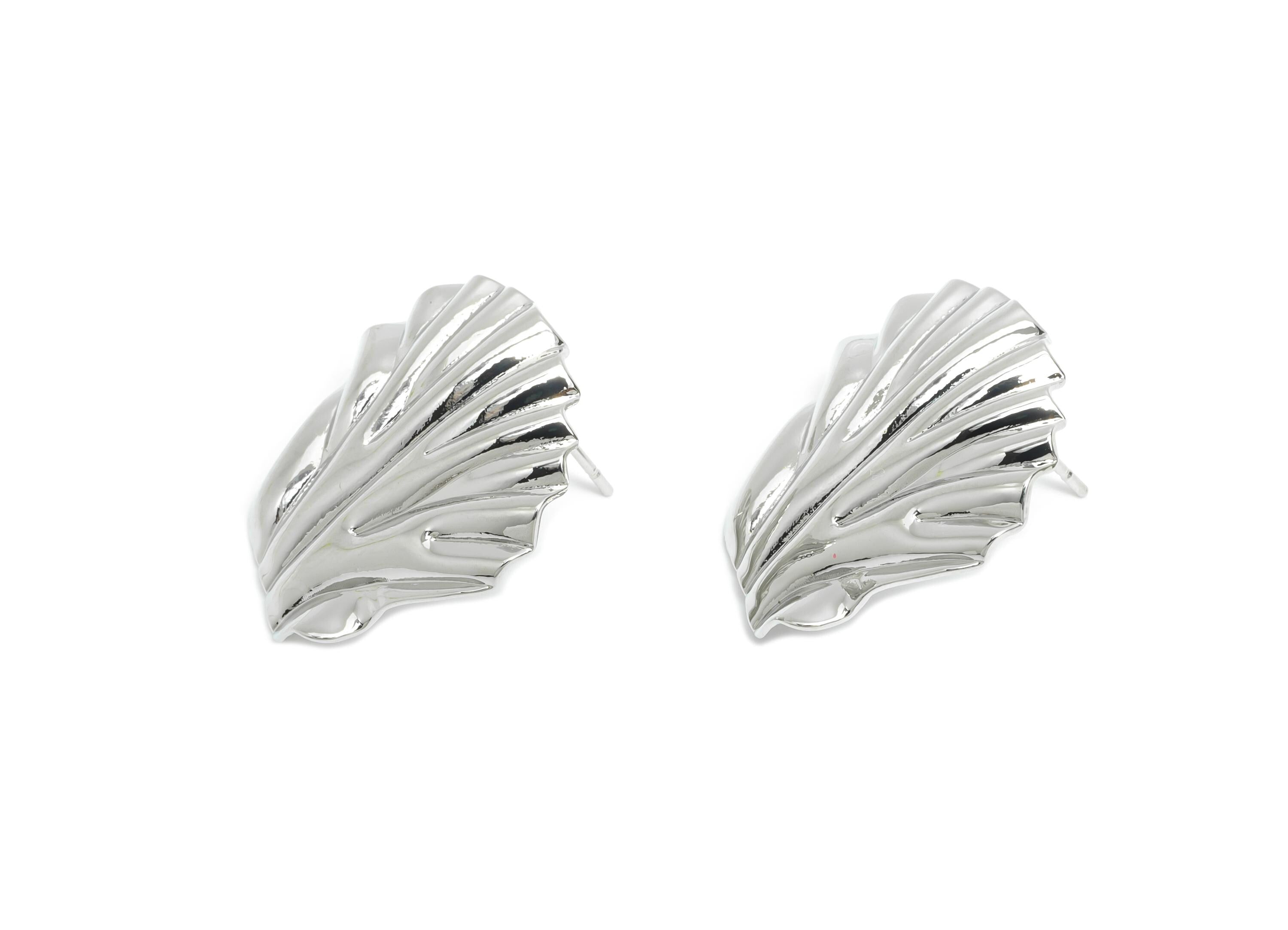 Brass Shell Earring Stud - Shiny Silver Earring Post - Textured Shell Earring with Loop - 18K Real White Gold Plated - 22.8x22x3mm- RGP9558 - DOMEDBAZAAR