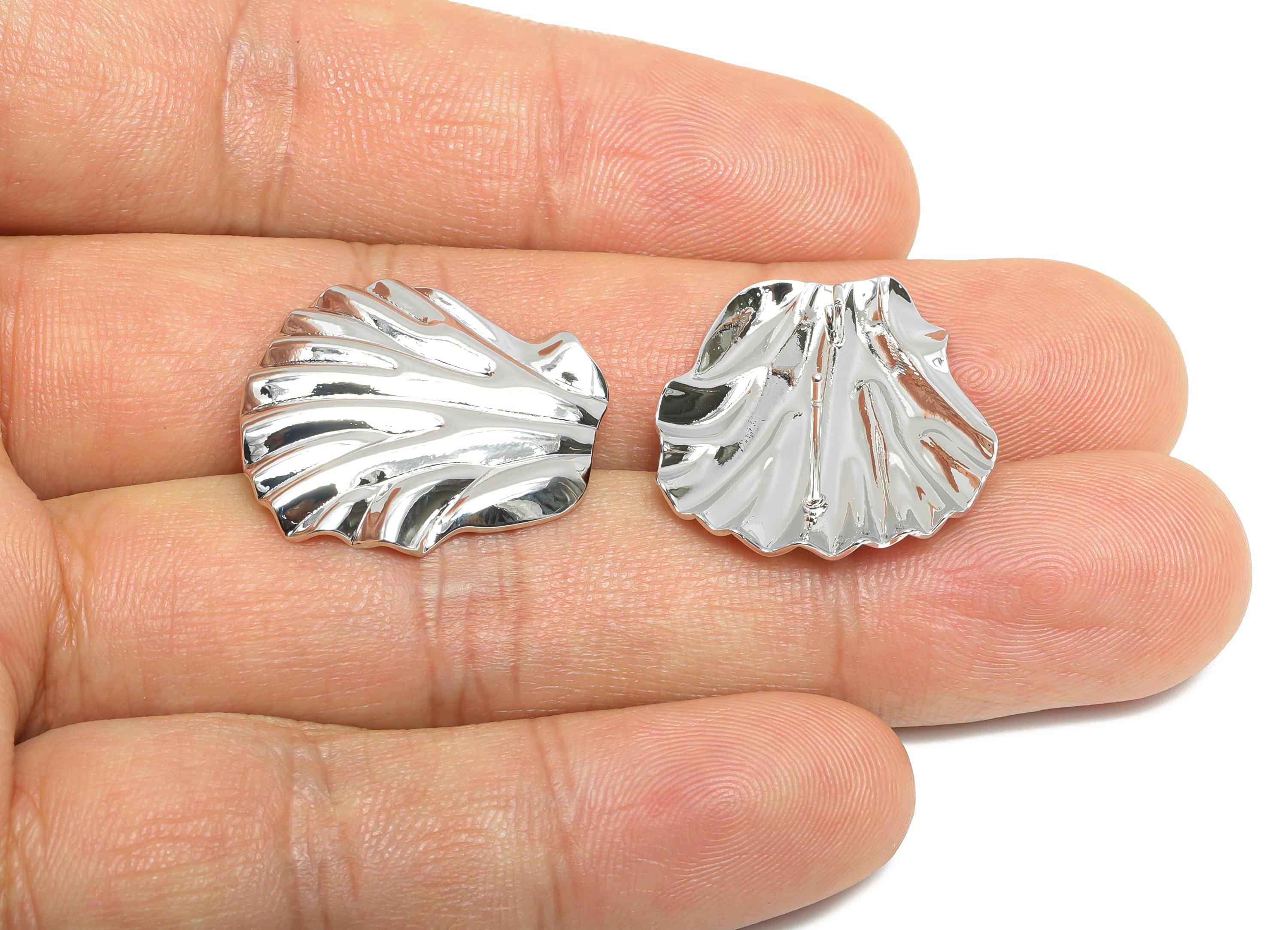 Brass Shell Earring Stud - Shiny Silver Earring Post - Textured Shell Earring with Loop - 18K Real White Gold Plated - 22.8x22x3mm- RGP9558 - DOMEDBAZAAR