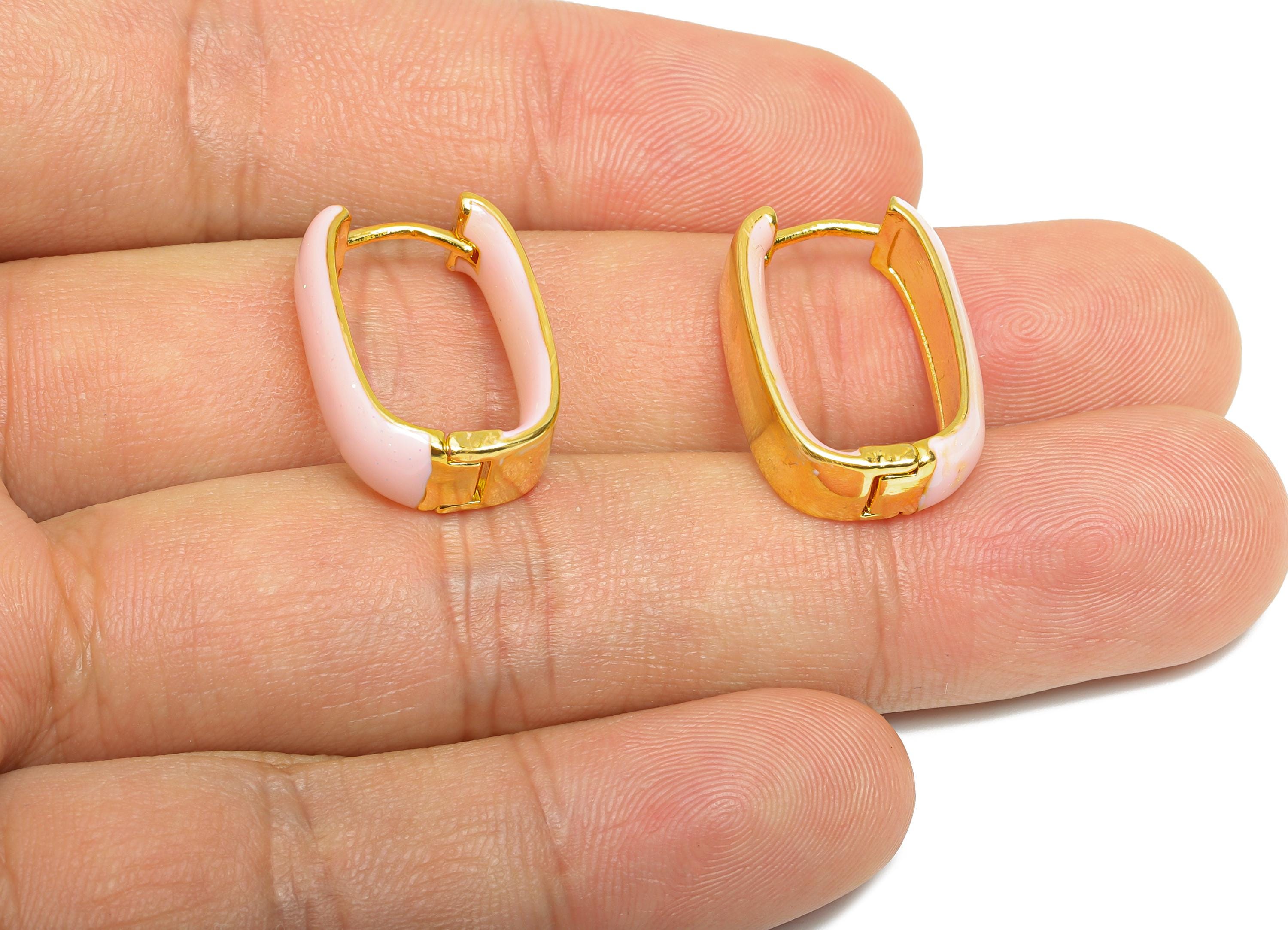 Brass U Shape Hoop Earring - Pink Enamel Chunky Earring - Minimalist Gold Oval Earring - 18K Real Gold Plated - 21.01x14.92x6.2mm -RGP9604A - DOMEDBAZAAR
