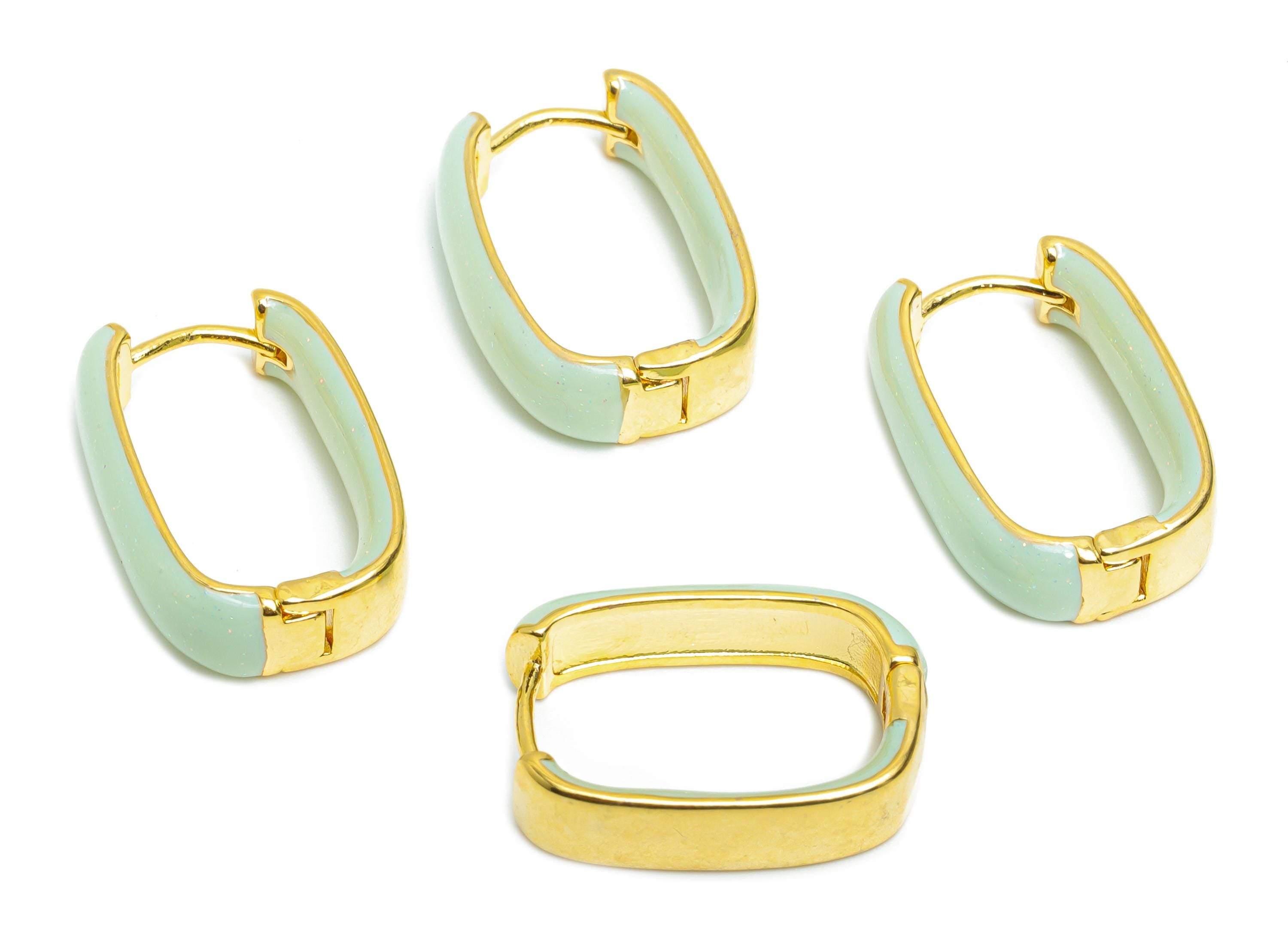 Brass U Shape Hoop Earring - Green Enamel Chunky Earring - Minimalist Gold Oval Earring - 18K Real Gold Plated -21.01x14.92x6.2mm -RGP9604D - DOMEDBAZAAR