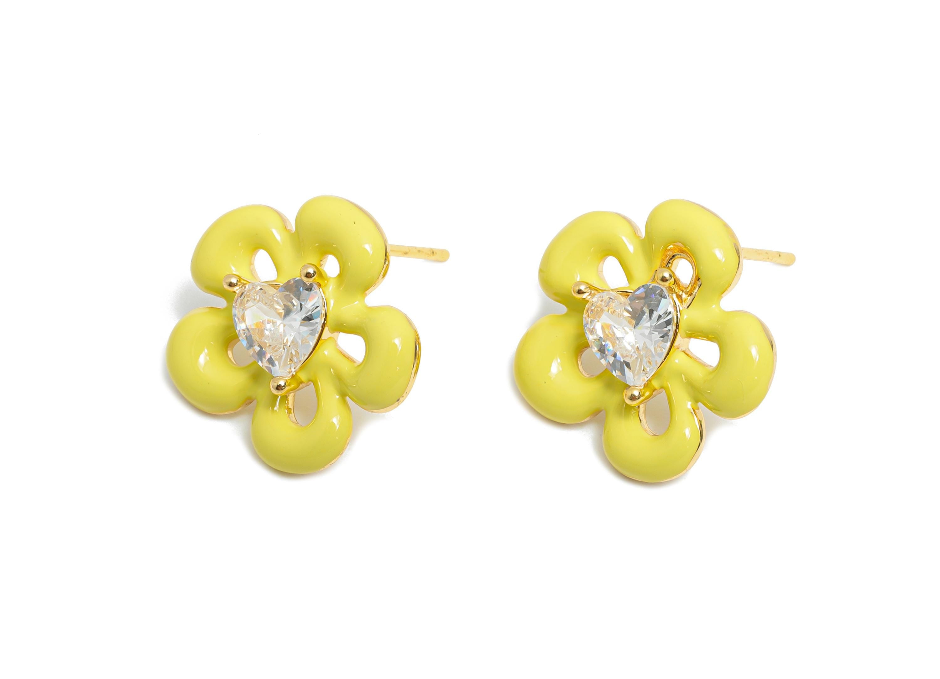 Yellow Enamel Flower Earring - Brass Cubic Zircon Colorful Earring - Bold Spring Summer Charm - 18K Real Gold Plating -  17x16x4mm-RGP10377A - DOMEDBAZAAR