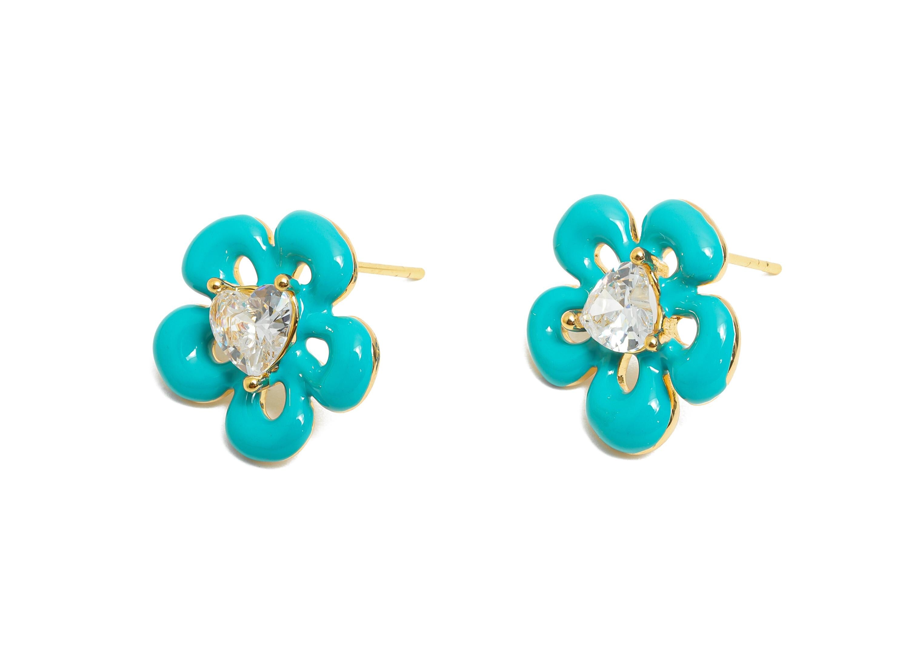 Heart Enamel Flower Earring - Brass Cubic Zircon Colorful Earring - Bold Spring Summer Charm - 18K Real Gold Plating -  17x16x4mm -RGP10377C - DOMEDBAZAAR