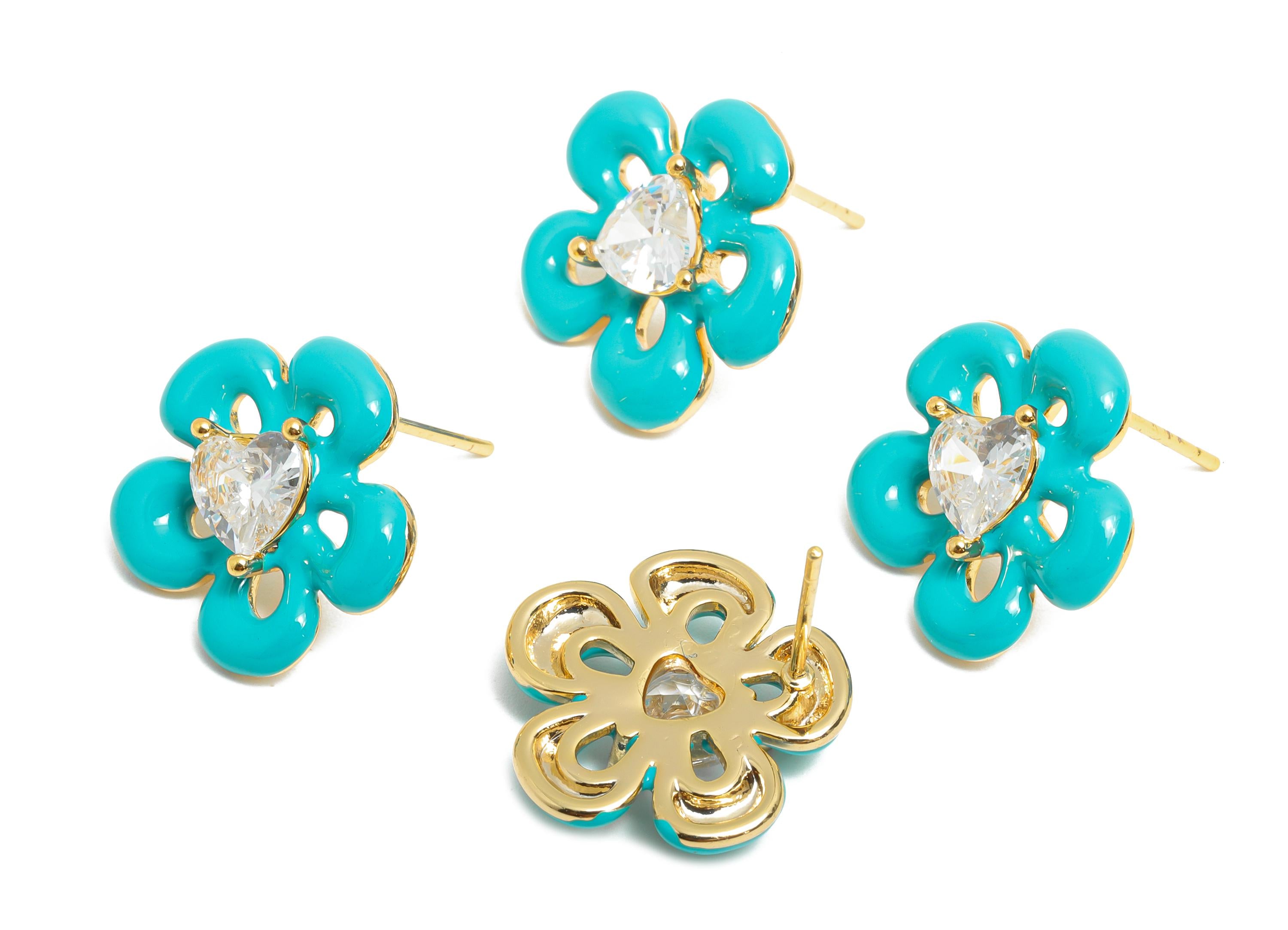 Heart Enamel Flower Earring - Brass Cubic Zircon Colorful Earring - Bold Spring Summer Charm - 18K Real Gold Plating -  17x16x4mm -RGP10377C - DOMEDBAZAAR