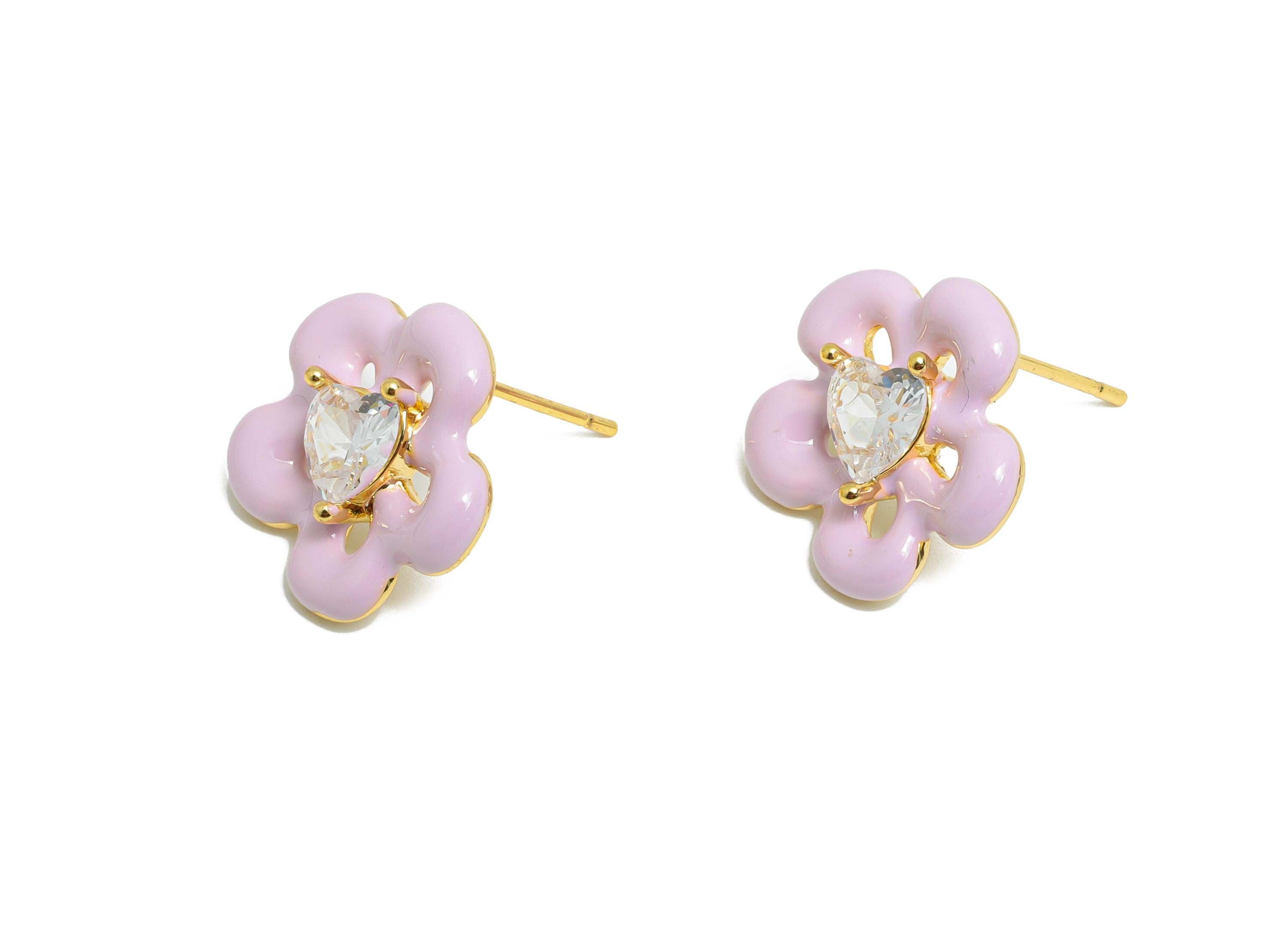 Brass Enamel Flower Earring - Brass Cubic Zircon Colorful Earring - Bold Spring Summer Charm - 18K Real Gold Plating - 17x16x4mm - RGP10377D - DOMEDBAZAAR