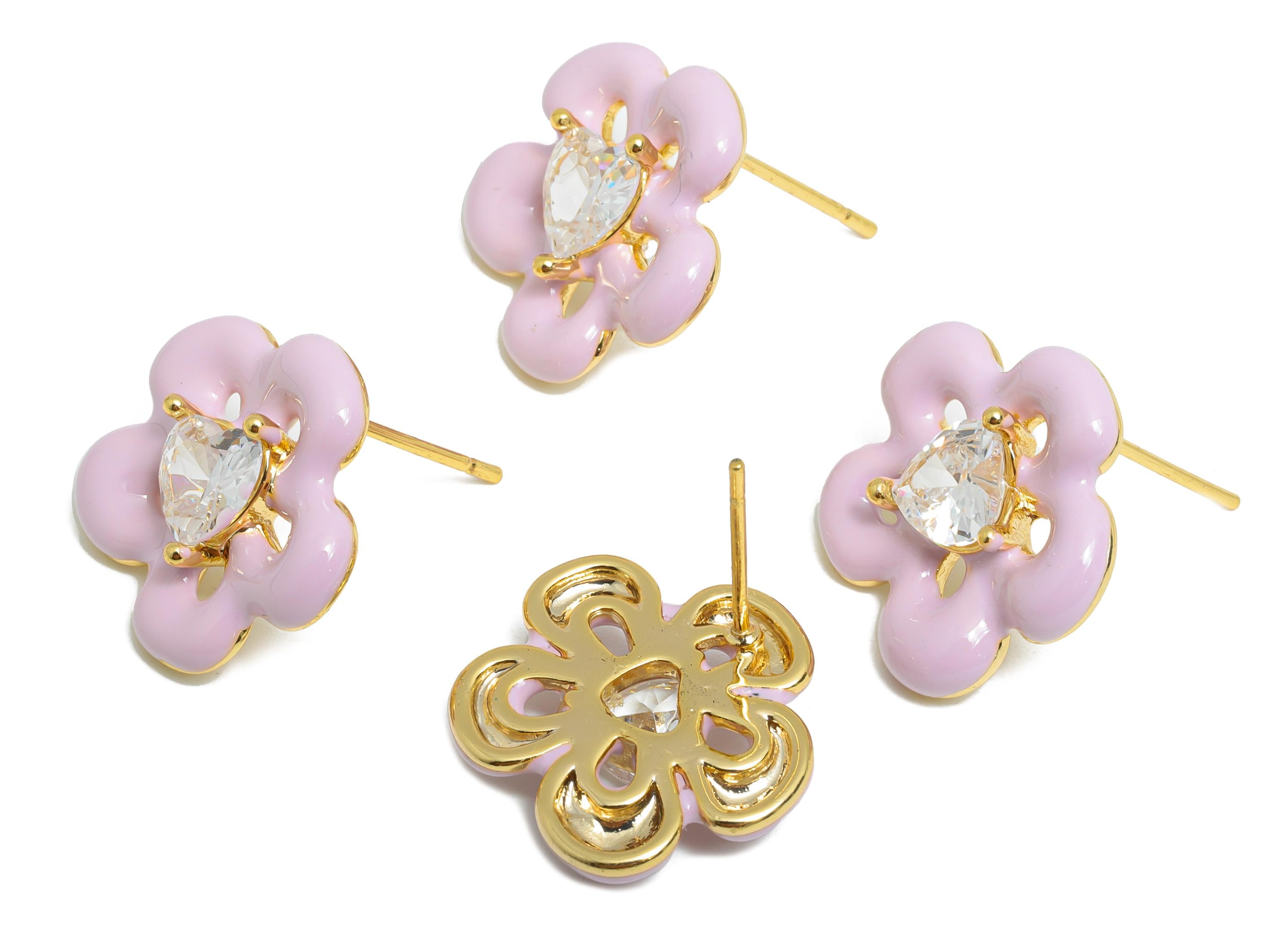 Brass Enamel Flower Earring - Brass Cubic Zircon Colorful Earring - Bold Spring Summer Charm - 18K Real Gold Plating - 17x16x4mm - RGP10377D - DOMEDBAZAAR
