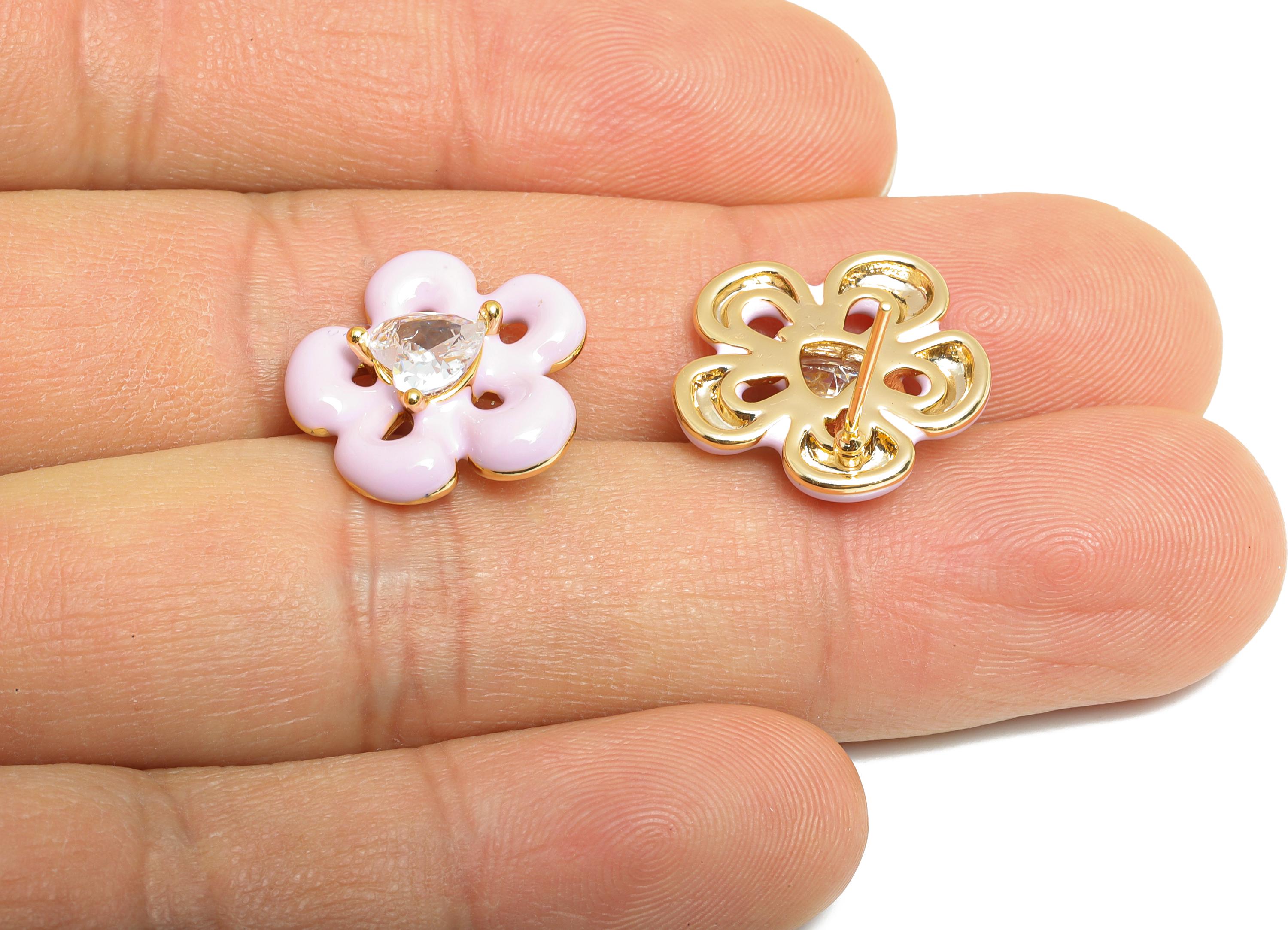Brass Enamel Flower Earring - Brass Cubic Zircon Colorful Earring - Bold Spring Summer Charm - 18K Real Gold Plating - 17x16x4mm - RGP10377D - DOMEDBAZAAR