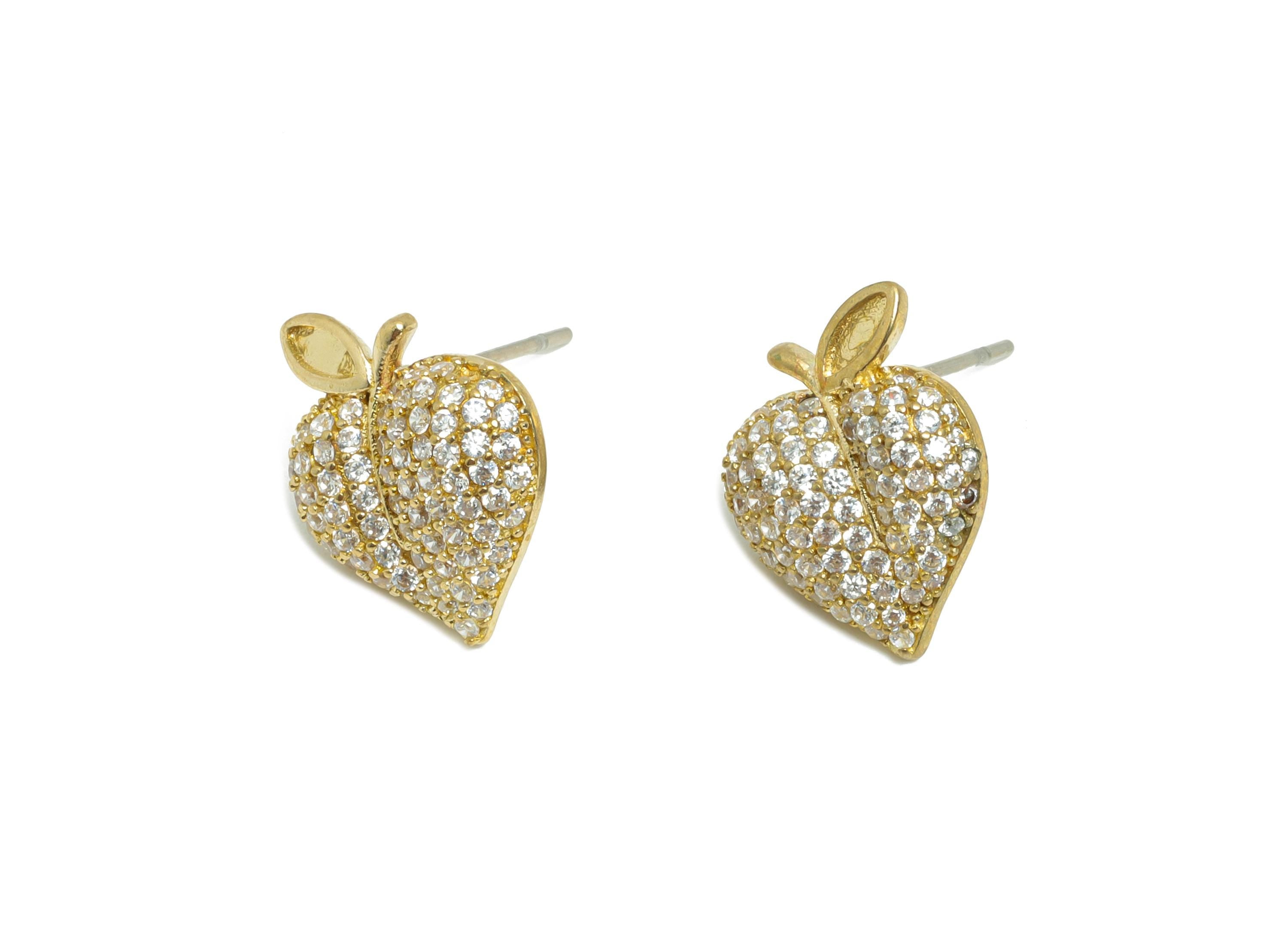 Sparkling Crystal Earring - Raw Brass Peach Stud Earring - Jewelry with Cubic Zirconia - Fruit-Inspired Jewelry - 13x11x3.8mm - PP11042 - DOMEDBAZAAR