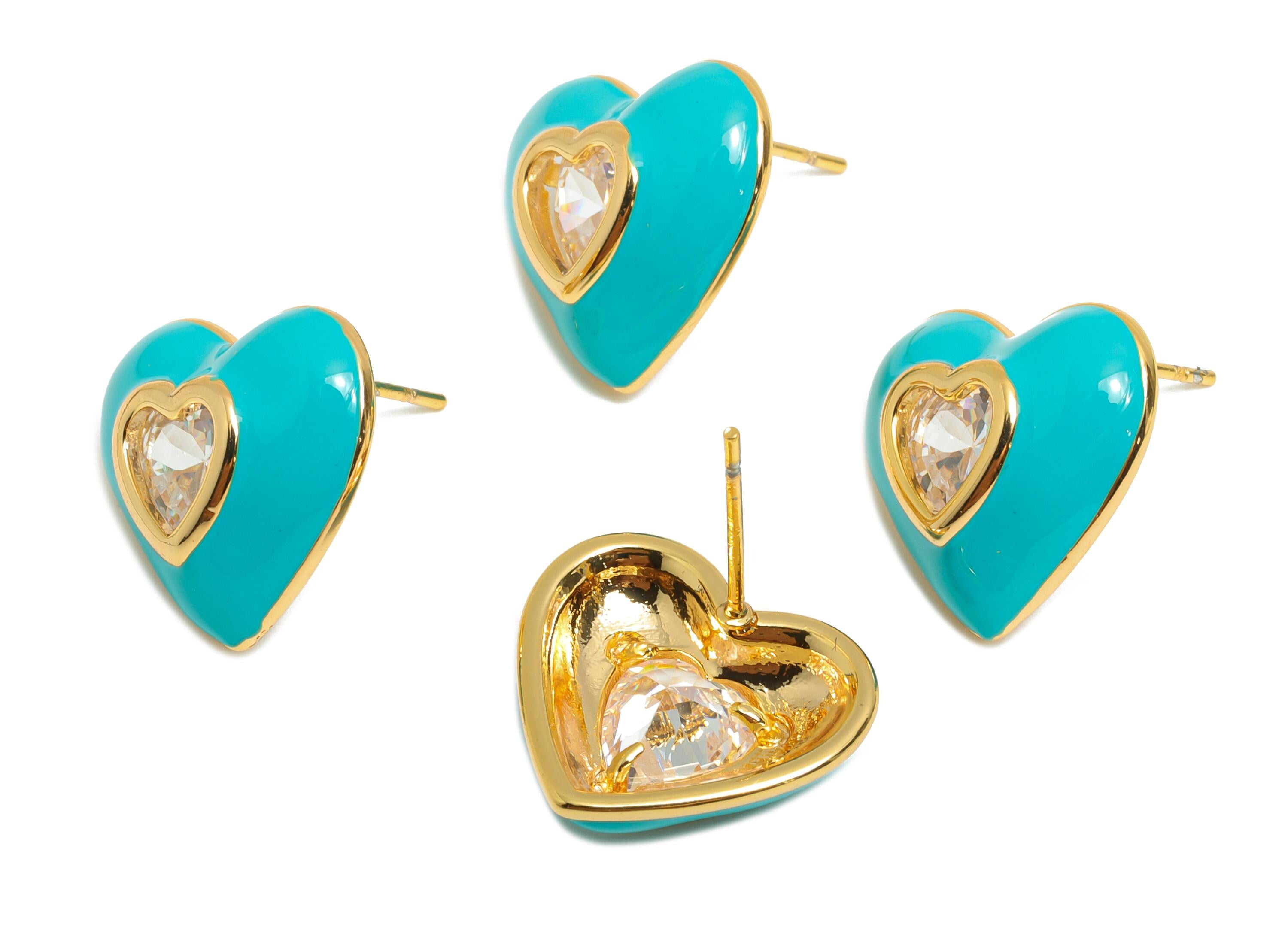 Brass Enamel Heart Earring - Brass Bold Enamel Chic Colorful Stud - Zircon Enamel Jewelry - 18K Real Gold Plating - 16x14x4mm - RGP10388A - DOMEDBAZAAR