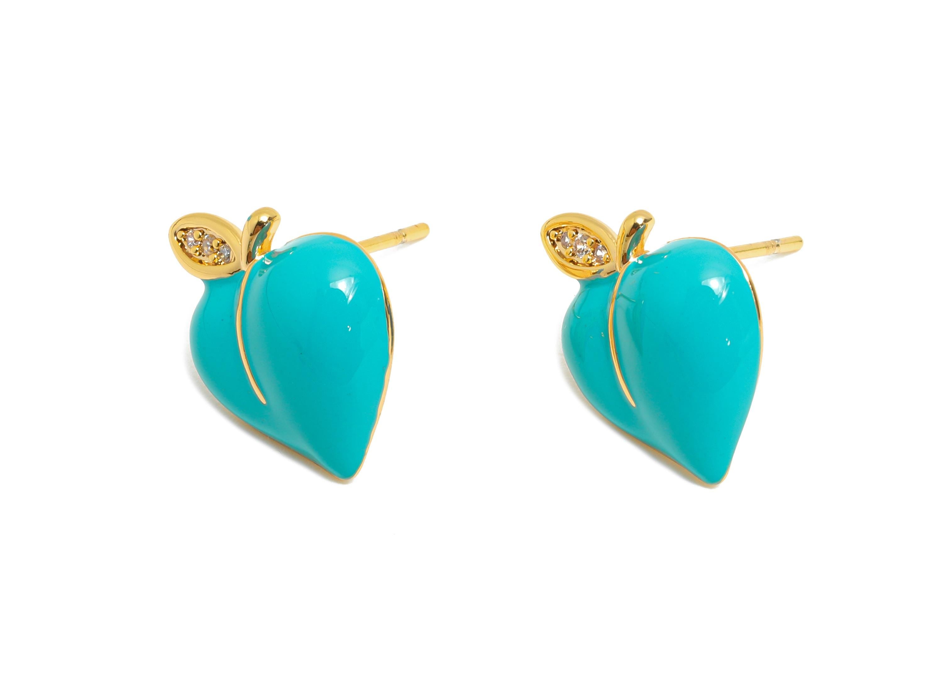 Brass Enamel Peach Earring - Brass CZ Bold Enamel Chic Colorful Stud - Vibrant Enamel Jewelry - 18K Real Gold Plating - 13x11x3mm -RGP10382A - DOMEDBAZAAR