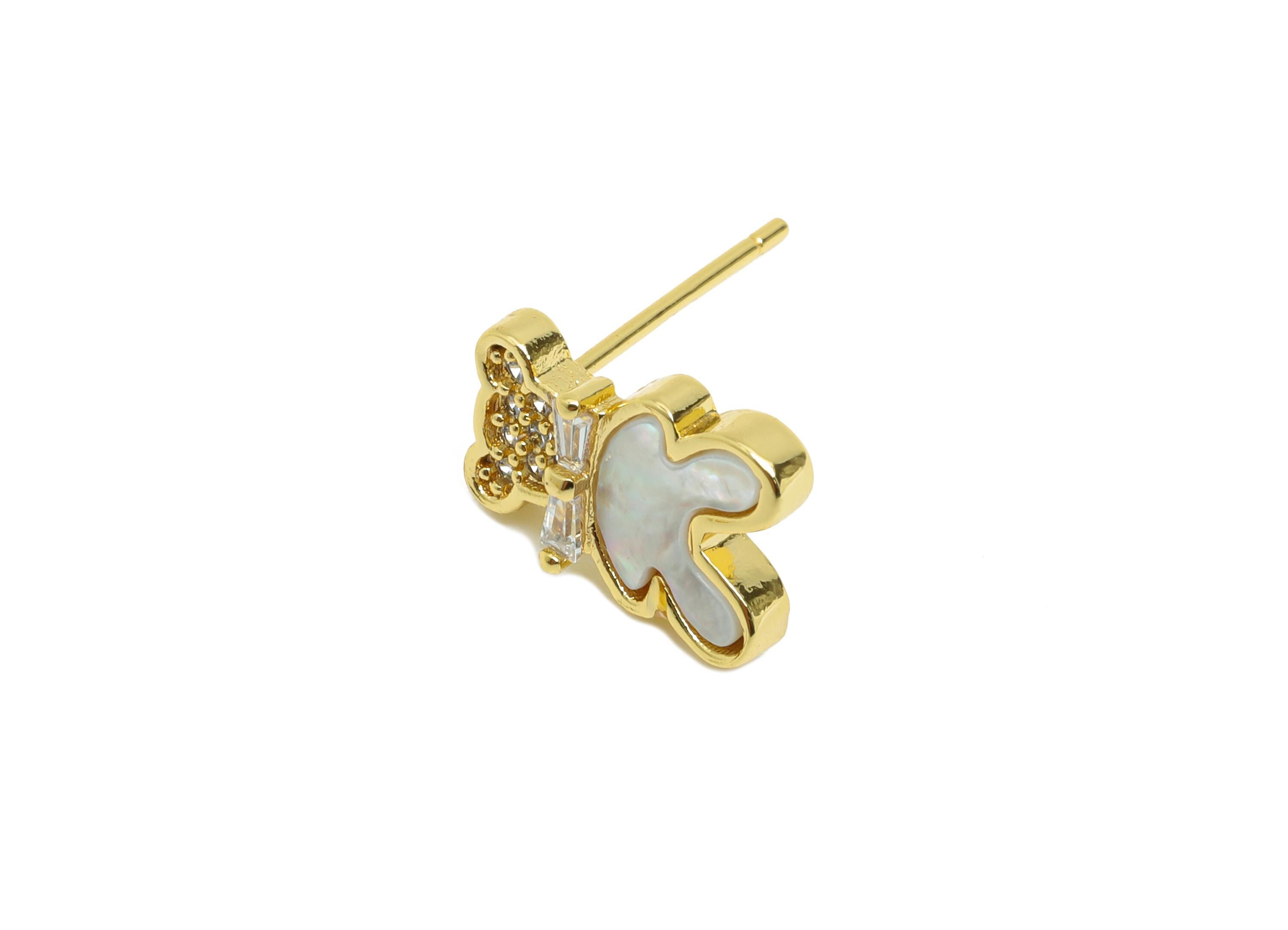 Sparkling Zircon Earring - Brass Bear Seashell Stud Earring - Dainty Earring for Girls - 18K Real Gold Plated - 11.83x8.61x0.77mm - RGP9613 - DOMEDBAZAAR