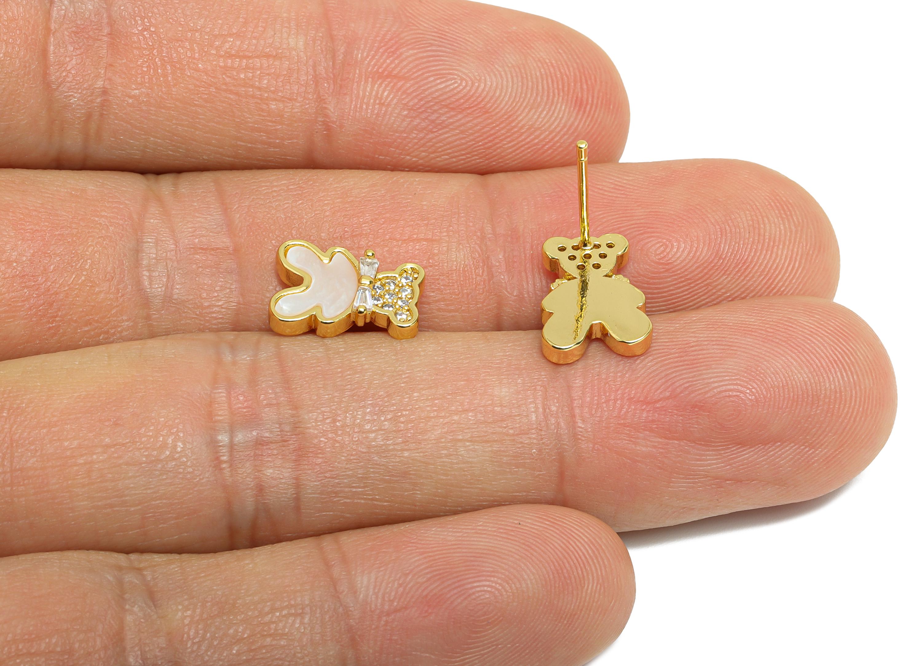 Sparkling Zircon Earring - Brass Bear Seashell Stud Earring - Dainty Earring for Girls - 18K Real Gold Plated - 11.83x8.61x0.77mm - RGP9613 - DOMEDBAZAAR