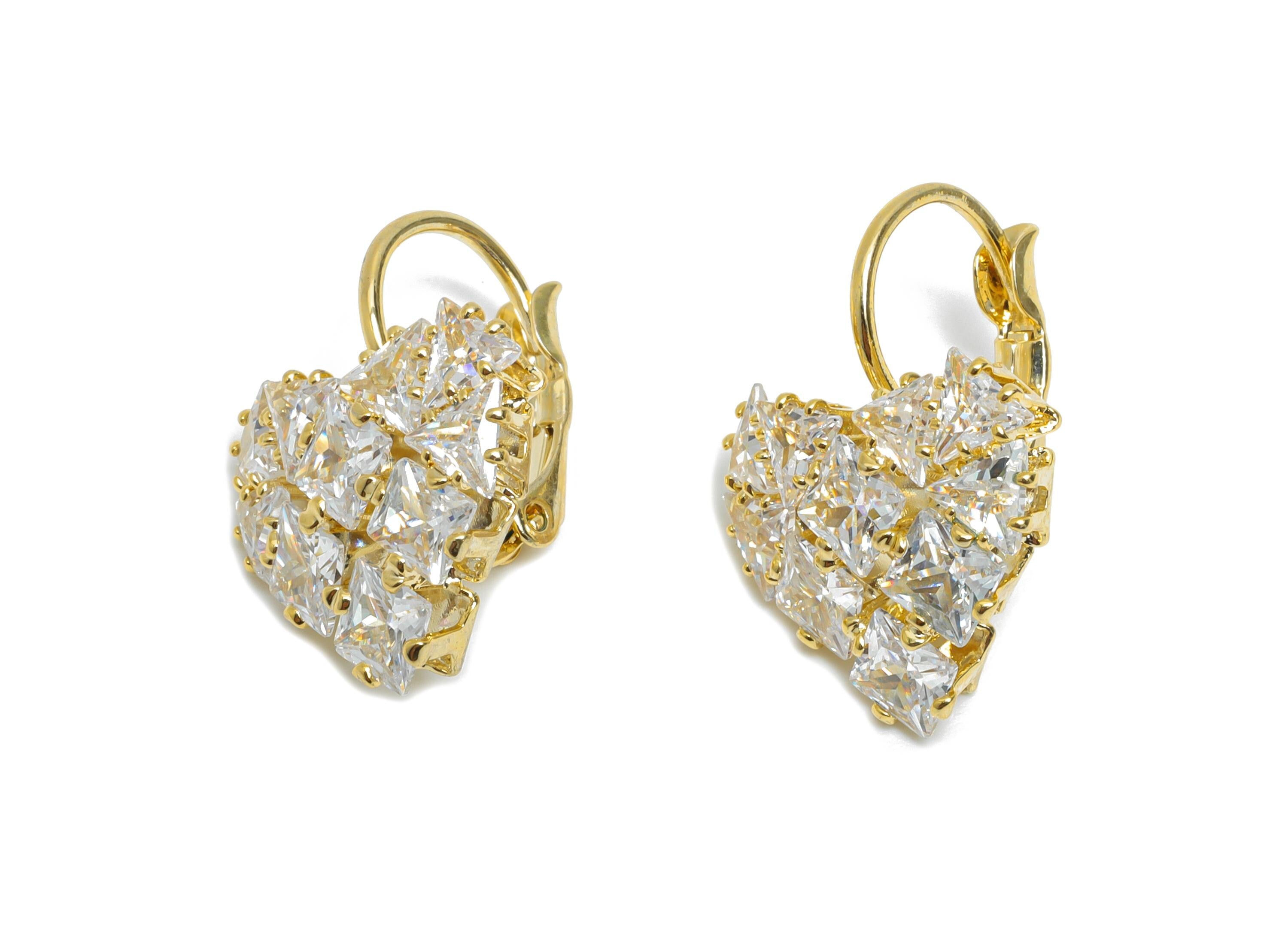 Brass Heart Earring Clasp - Gold Heart Cluster CZ Earring - Dazzling Lever back Earring - 18K Real Gold Plated - 20x16.51x11.61mm - RGP9600 - DOMEDBAZAAR
