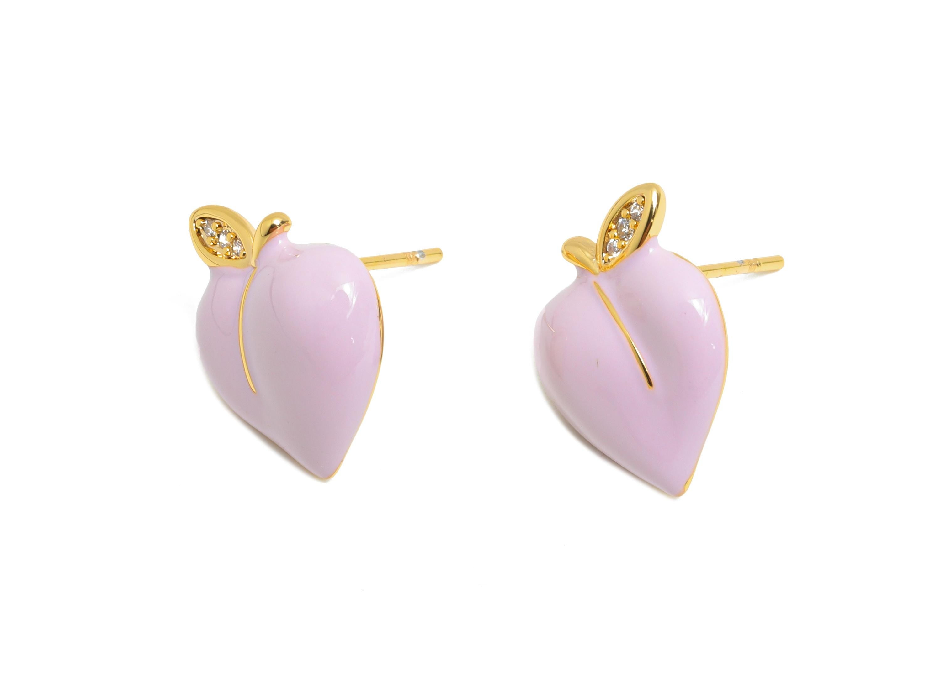 Brass Enamel Peach Earring - Brass CZ Bold Enamel Chic Colorful Stud - Vibrant Enamel Jewelry - 18K Real Gold Plating - 13x11x3mm -RGP10382C - DOMEDBAZAAR