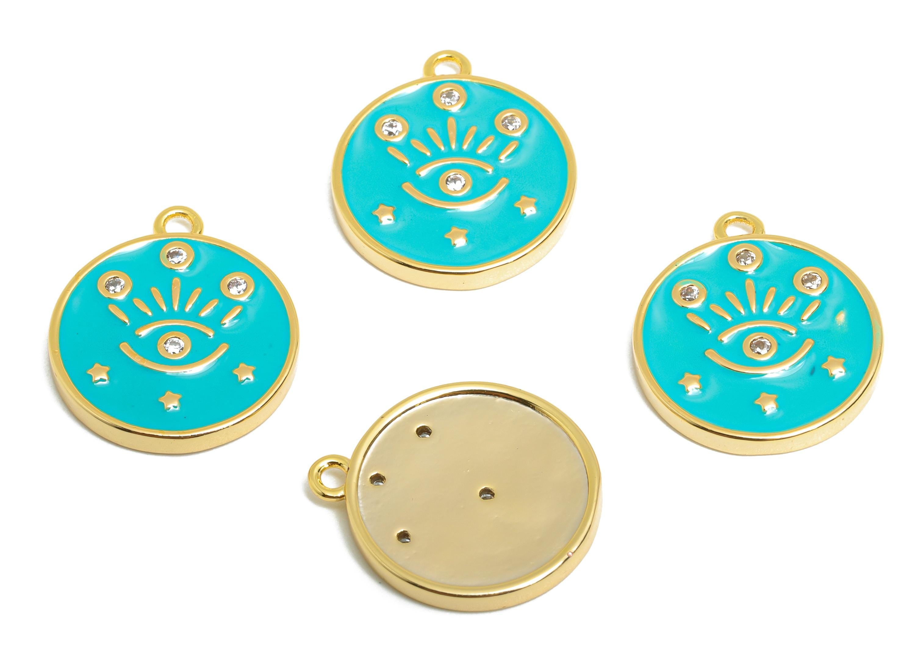 Brass CZ Enamel Eye Charm - Protection Earring Charm - Boho Enamel Pendant Charm - 18K Real Gold Plating - 17x15x1mm -RGP10391A - DOMEDBAZAAR