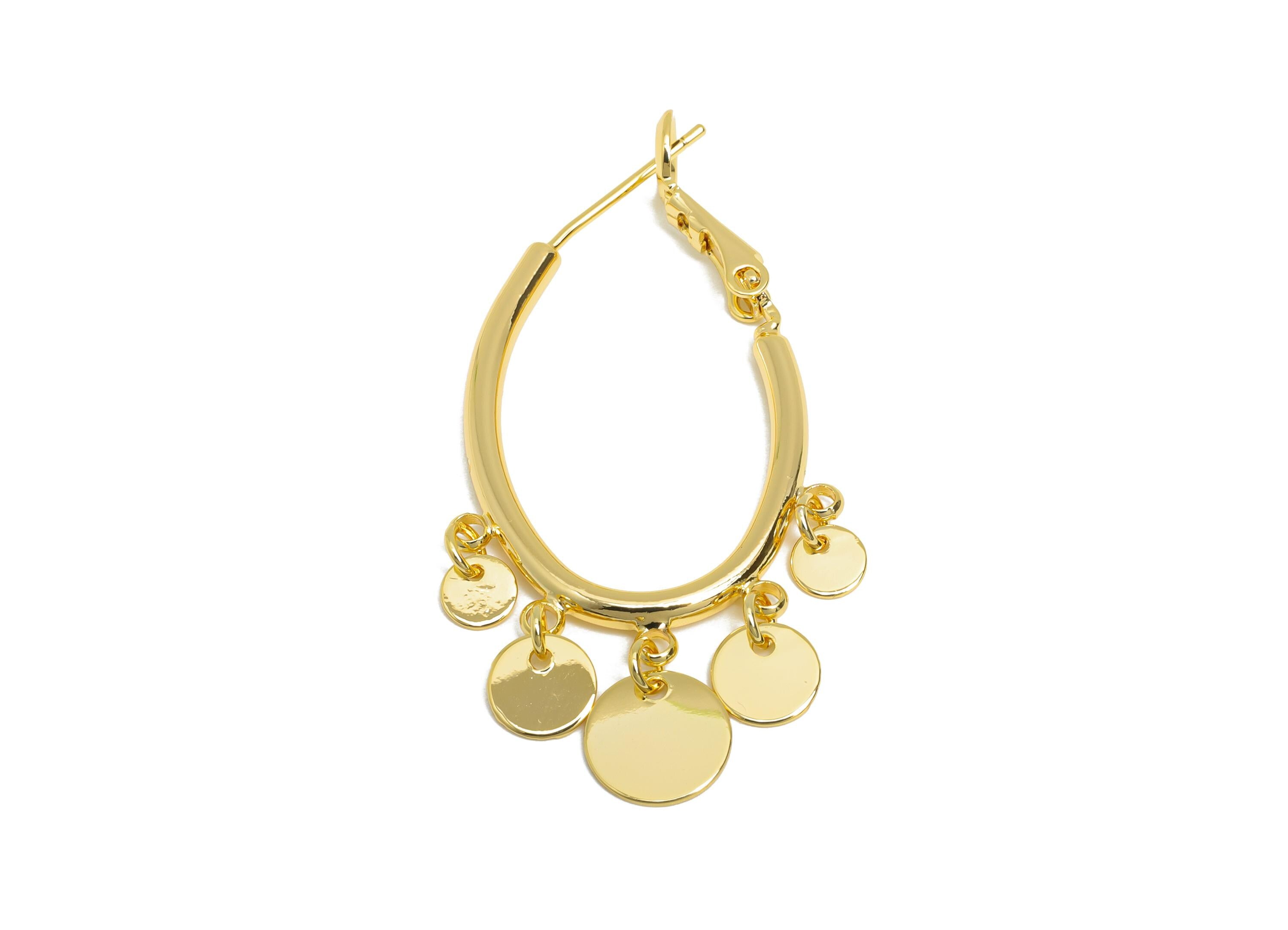 Brass Oval Hoop Dangle Earring - Gold Disc Hanging Earring - Shiny Geometric Clasp Back Earring - 18K Gold Plated - 43x21.5x2.2mm - RGP9535 - DOMEDBAZAAR