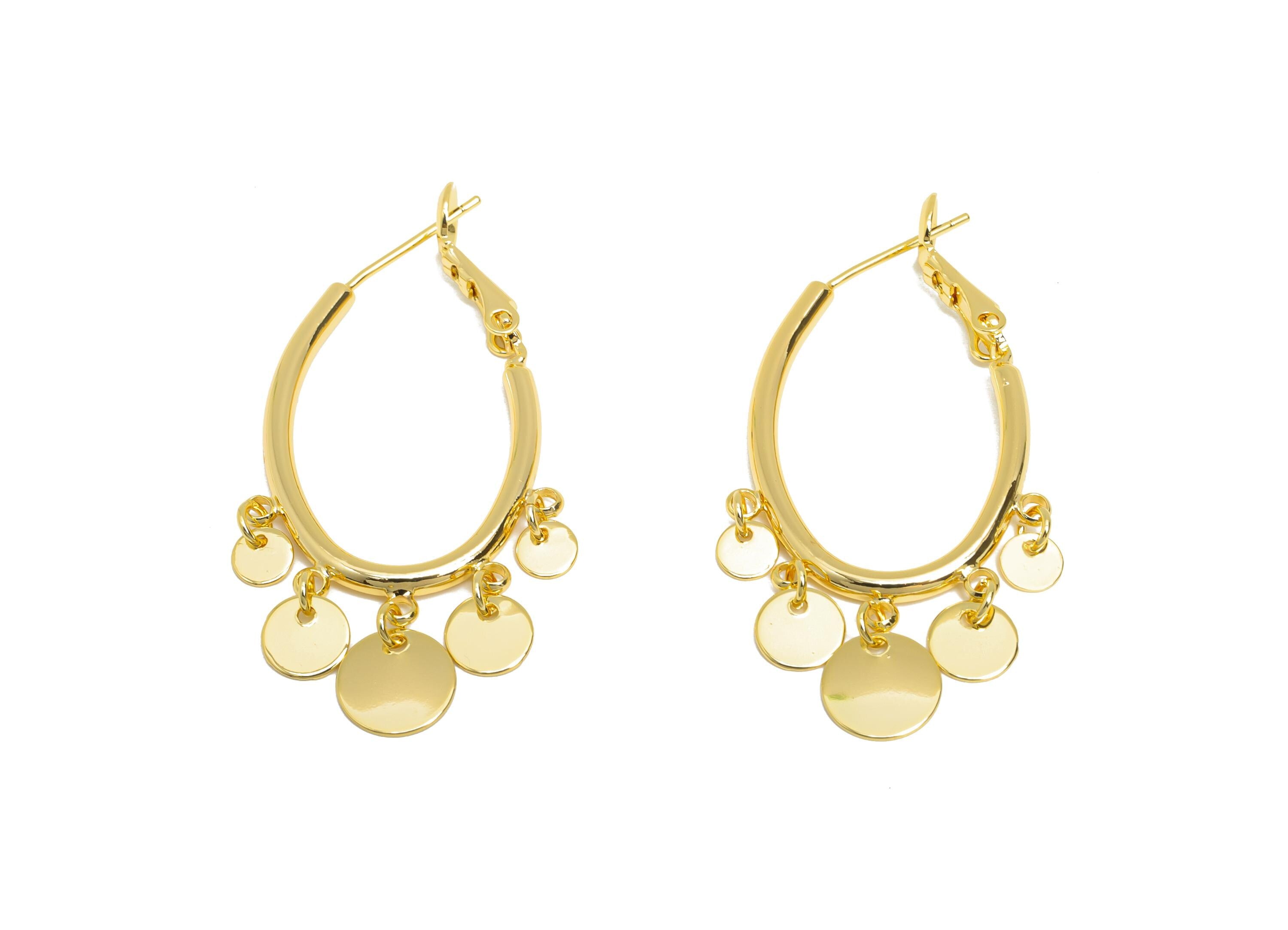 Brass Oval Hoop Dangle Earring - Gold Disc Hanging Earring - Shiny Geometric Clasp Back Earring - 18K Gold Plated - 43x21.5x2.2mm - RGP9535 - DOMEDBAZAAR