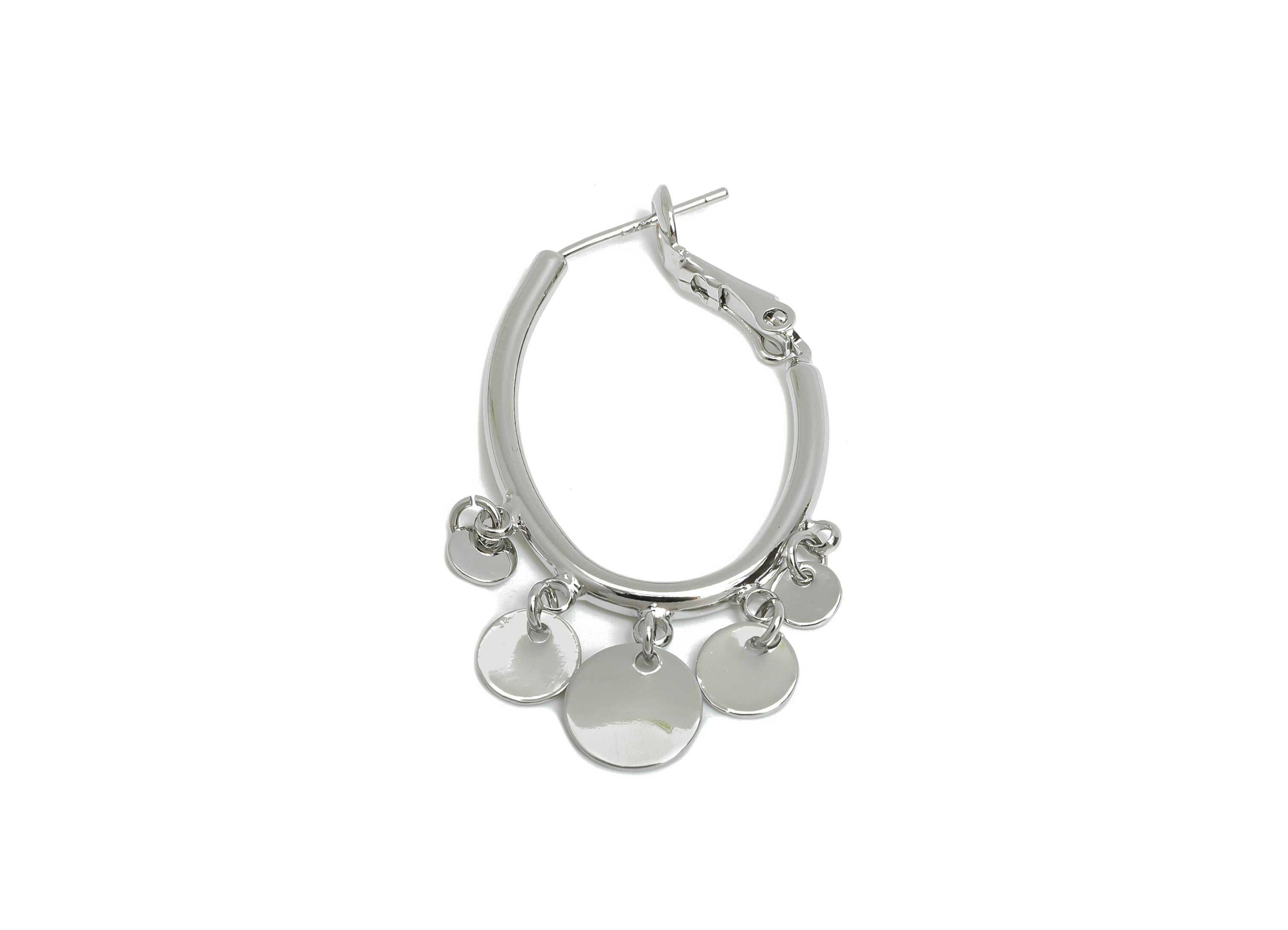 Brass Oval Hoop Dangle Earring - Silver Disc Hanging Earring - Shiny Clasp Back Earring - 18K White Gold Plated - 43x21.5x2.2mm - RGP9535S - DOMEDBAZAAR