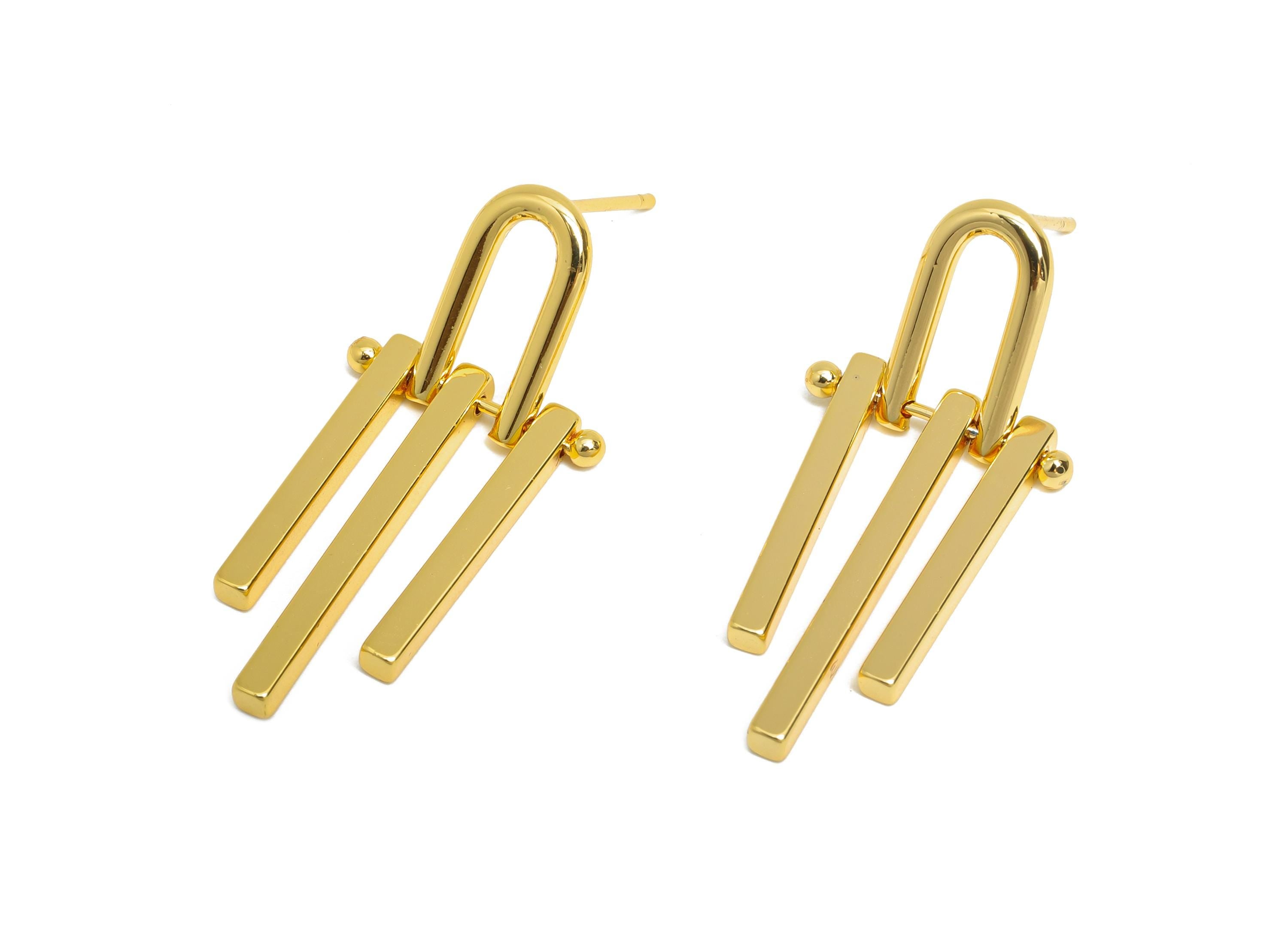 Brass Triple Bars Tassel Earrings - Gold Unique Earring Post - Geometric Dangling Earring - 18K Real Gold Plated Brass -32.8x15x2mm -RGP9534 - DOMEDBAZAAR