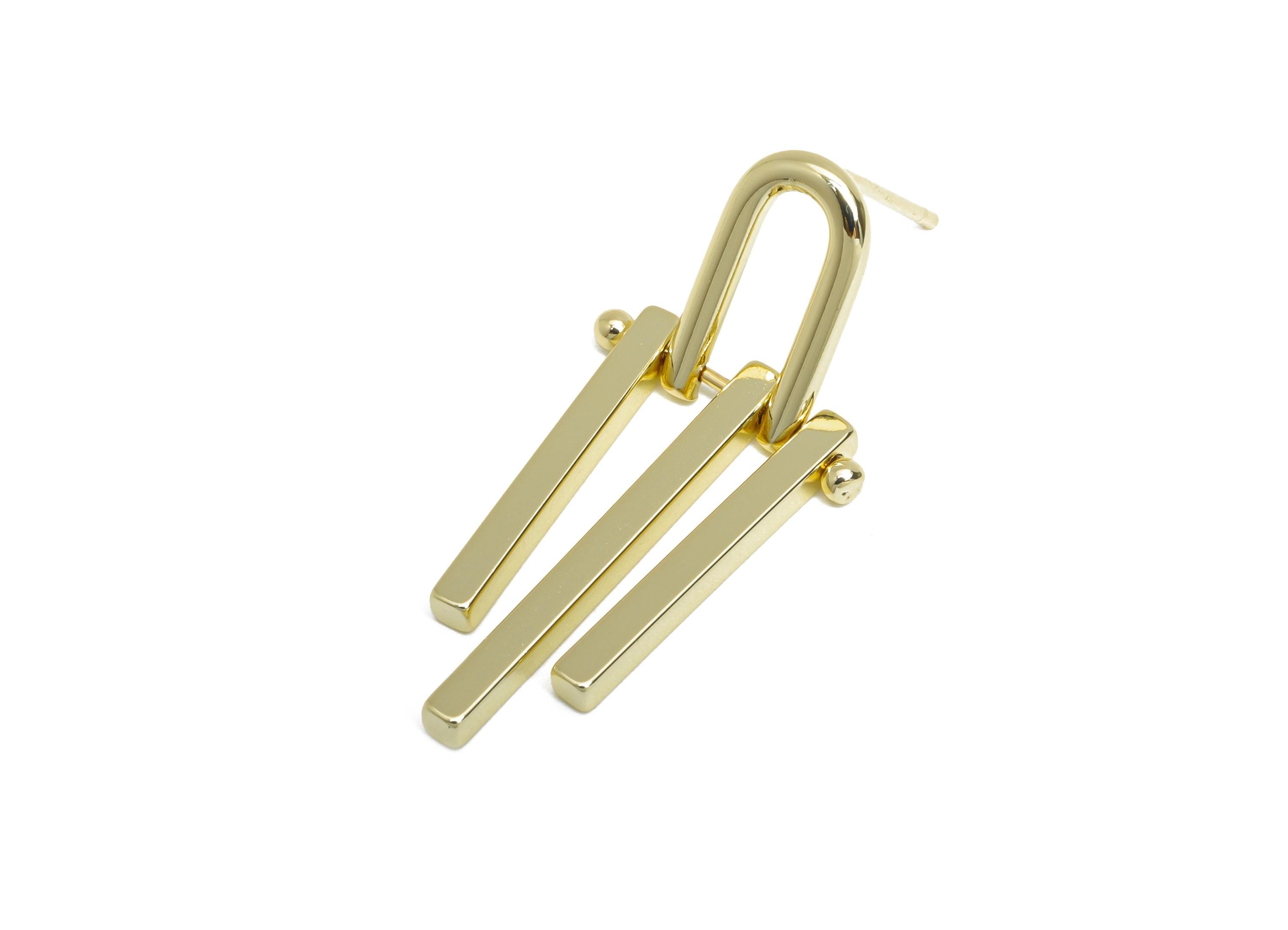 Brass Triple Bars Tassel Earring - Gold Unique Earring Post - Geometric Dangling Earring -14K Real Gold Plated Brass -32.8x15x2mm-RGP9534-14 - DOMEDBAZAAR