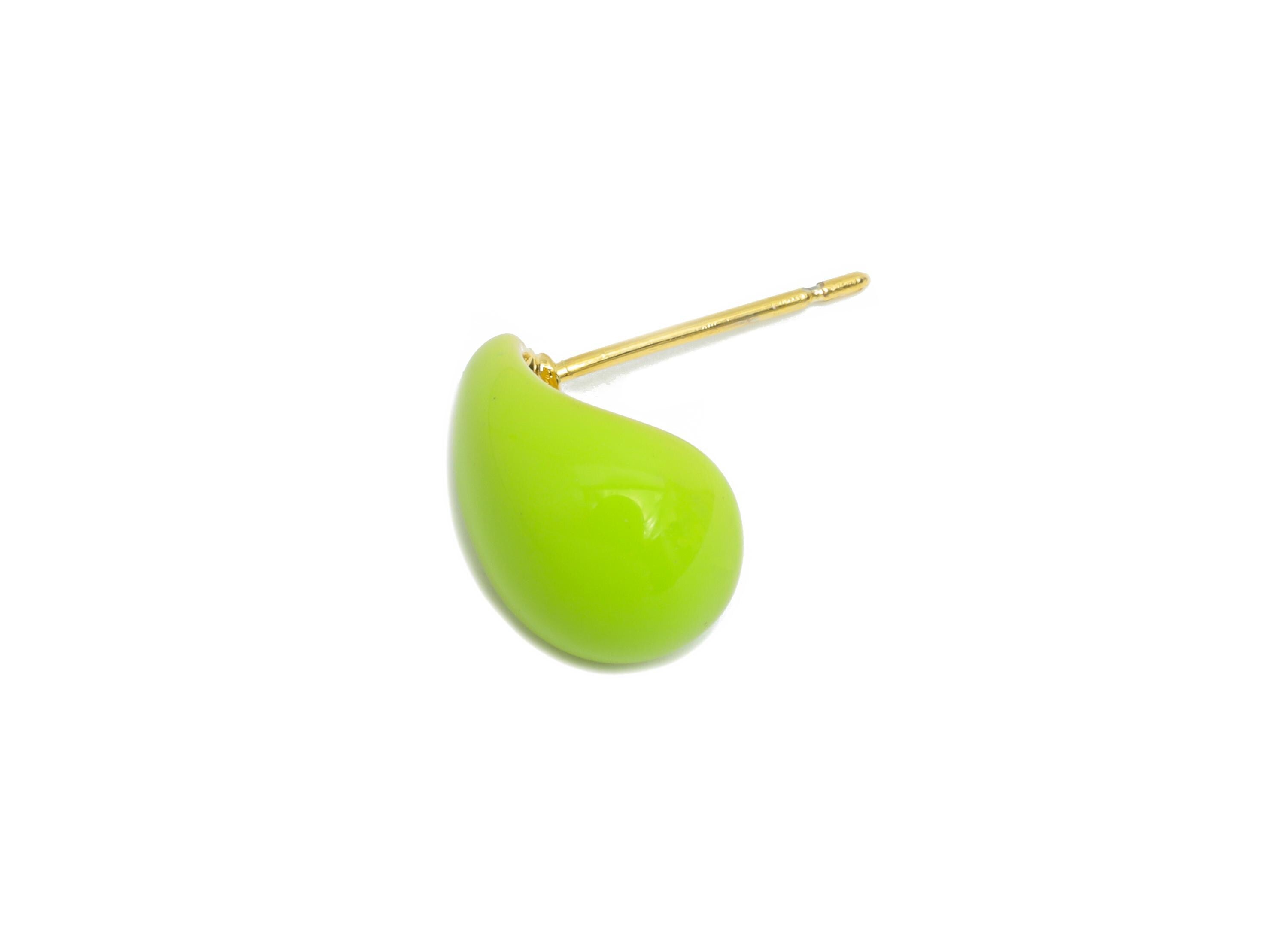 Brass Teardrop Stud Earring - Green Curved Drop Enamel Earring Post - Gold Everday Jewelry - 18K Real Gold Plated -13.4x9.11x0.74mm-RGP9602D - DOMEDBAZAAR