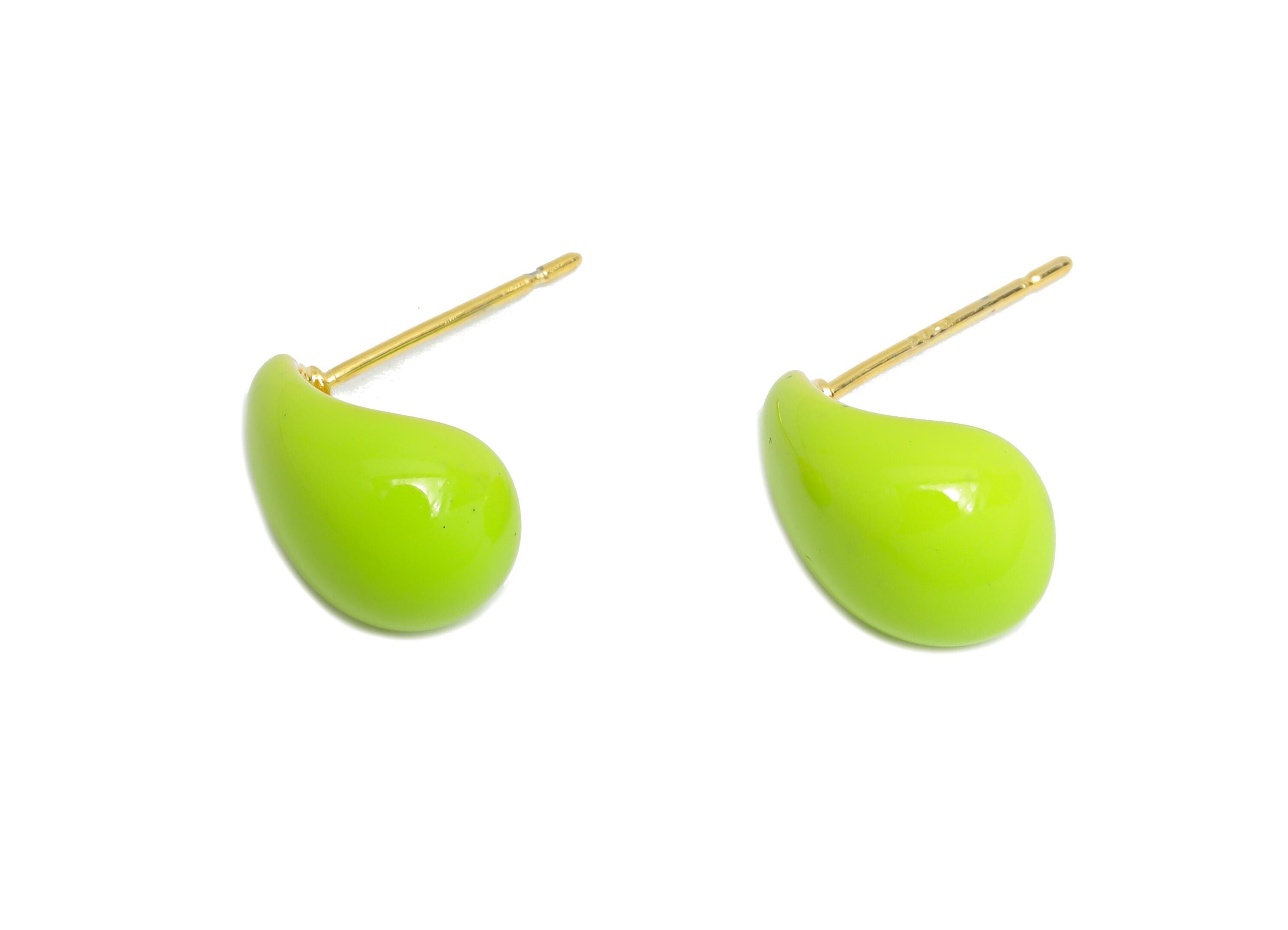 Brass Teardrop Stud Earring - Green Curved Drop Enamel Earring Post - Gold Everday Jewelry - 18K Real Gold Plated -13.4x9.11x0.74mm-RGP9602D - DOMEDBAZAAR