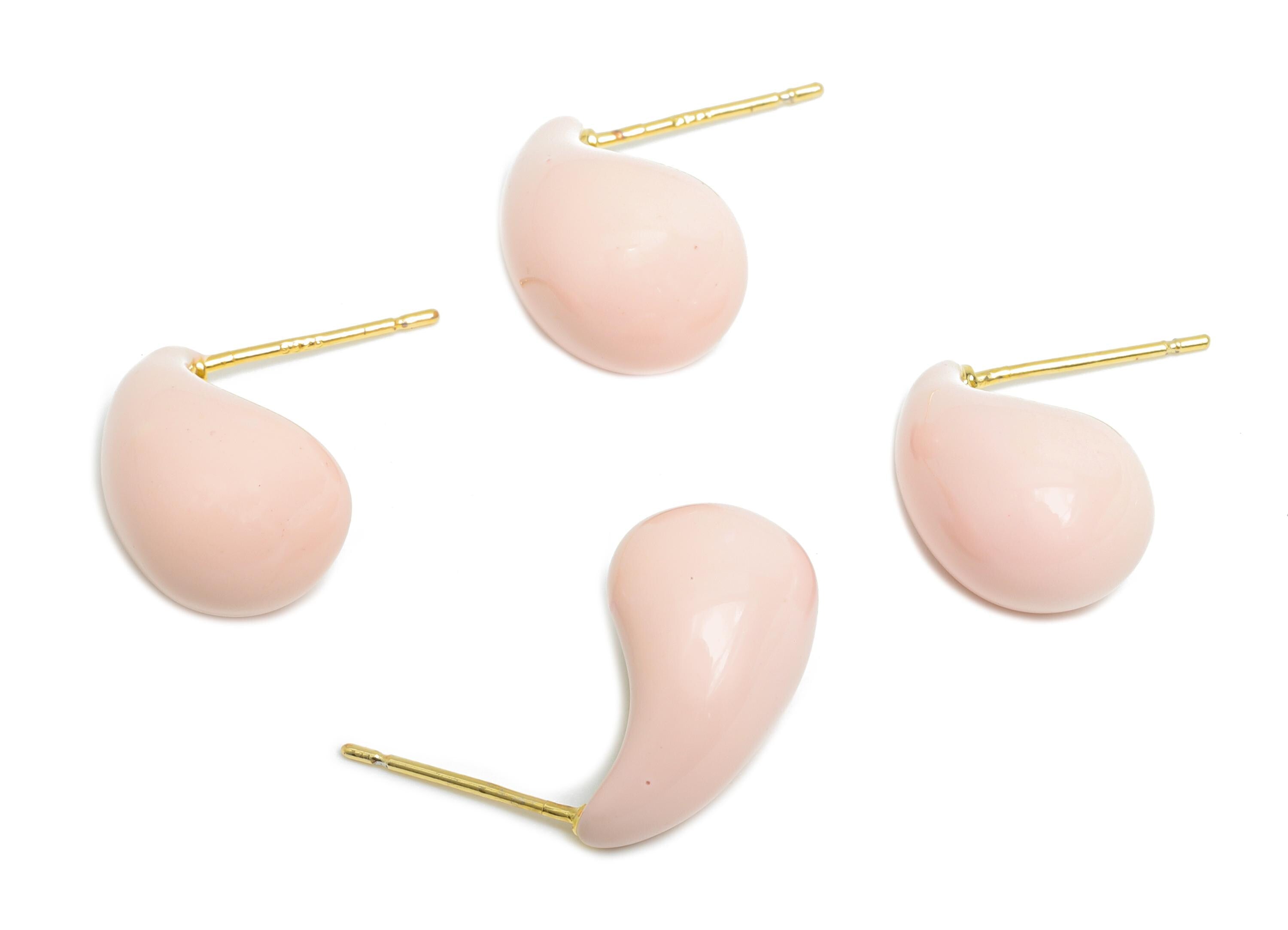 Brass Teardrop Stud Earring - Pink Curved Drop Enamel Earring Post - Gold Everday Jewelry - 18K Real Gold Plated - 16.95x9.43x0.7mm-RGP9602B - DOMEDBAZAAR