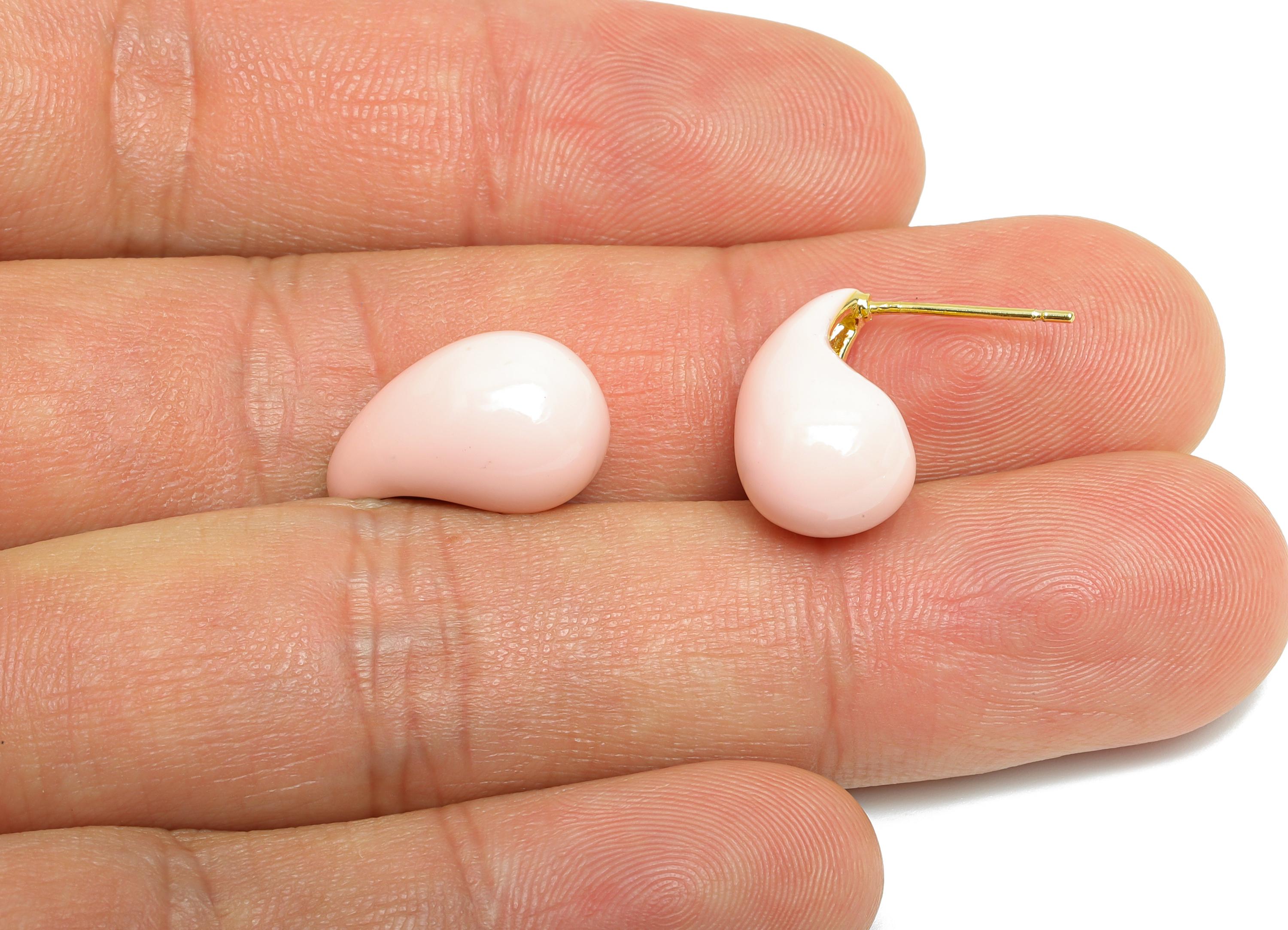 Brass Teardrop Stud Earring - Pink Curved Drop Enamel Earring Post - Gold Everday Jewelry - 18K Real Gold Plated - 16.95x9.43x0.7mm-RGP9602B - DOMEDBAZAAR
