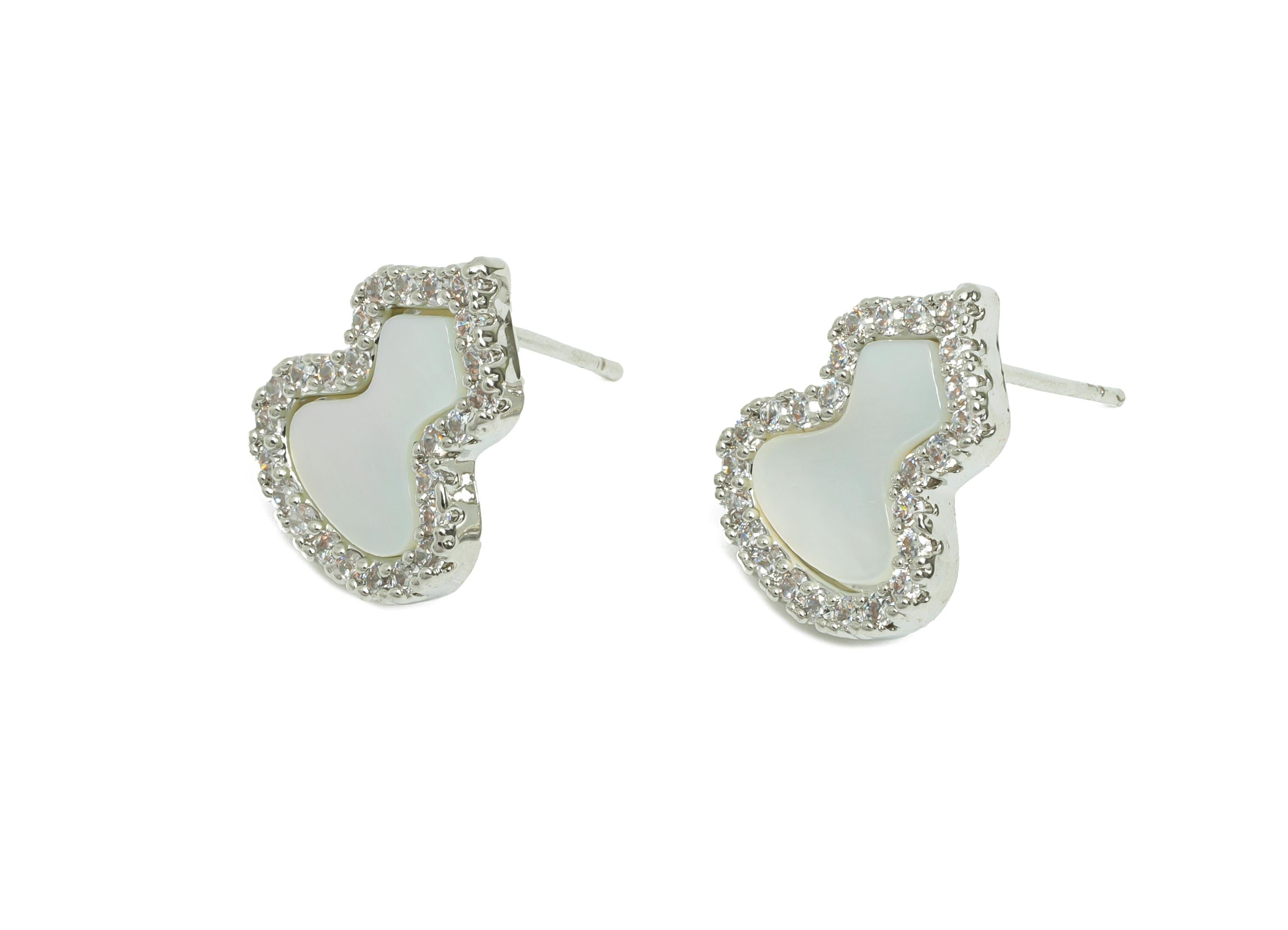 Sparkling Zircon Earring - Brass Gourd Seashell Earring - Refined Silver Earring Post - 18K White Gold Plated - 15.11x11.87x0.74mm -RGP9597A - DOMEDBAZAAR