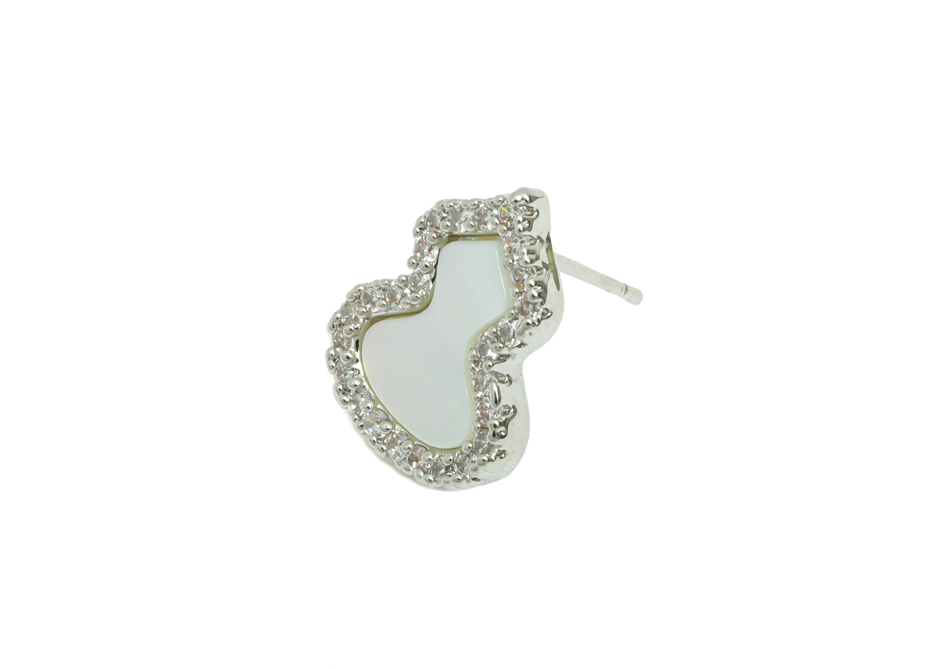 Sparkling Zircon Earring - Brass Gourd Seashell Earring - Refined Silver Earring Post - 18K White Gold Plated - 15.11x11.87x0.74mm -RGP9597A - DOMEDBAZAAR