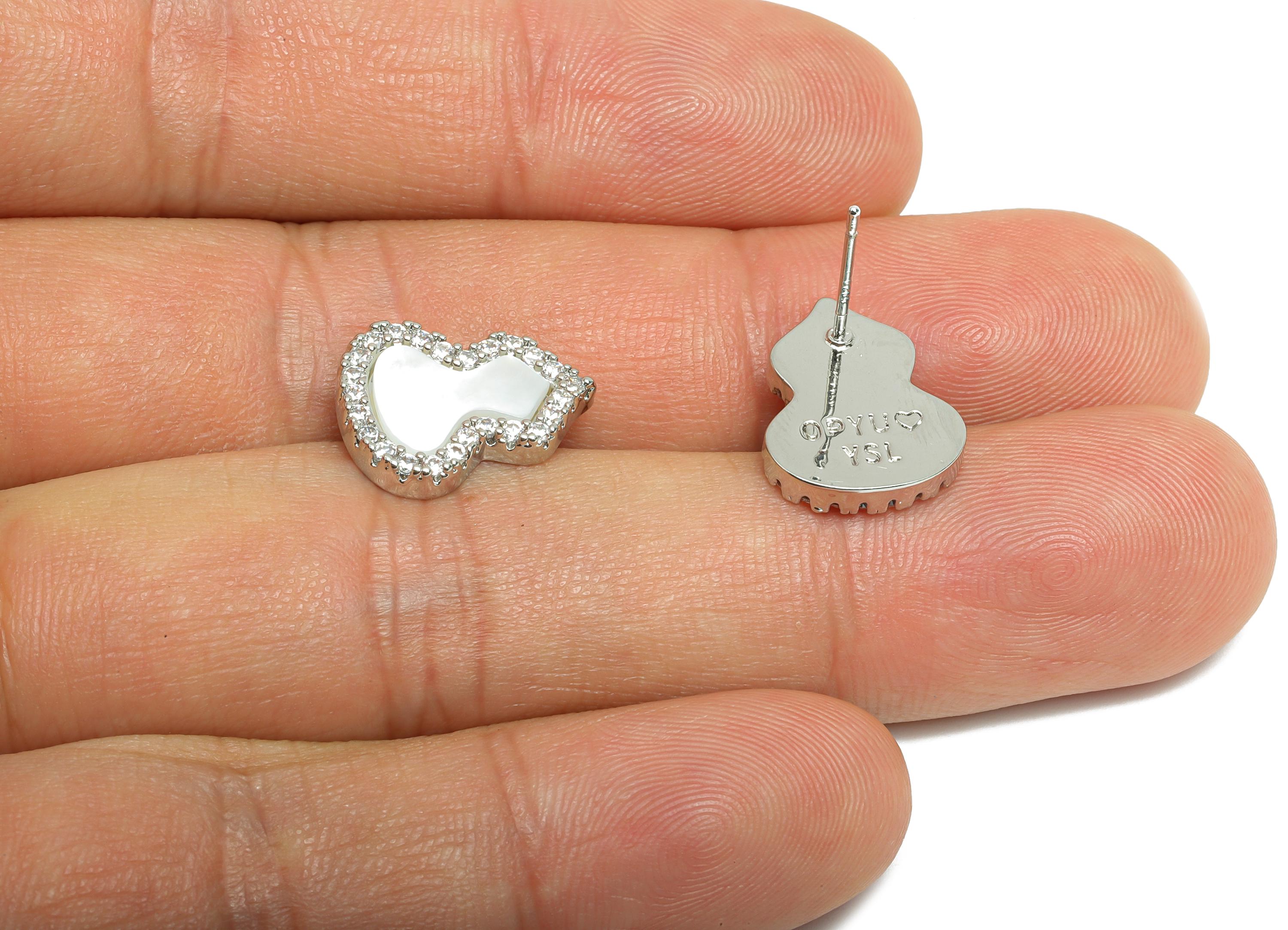 Sparkling Zircon Earring - Brass Gourd Seashell Earring - Refined Silver Earring Post - 18K White Gold Plated - 15.11x11.87x0.74mm -RGP9597A - DOMEDBAZAAR