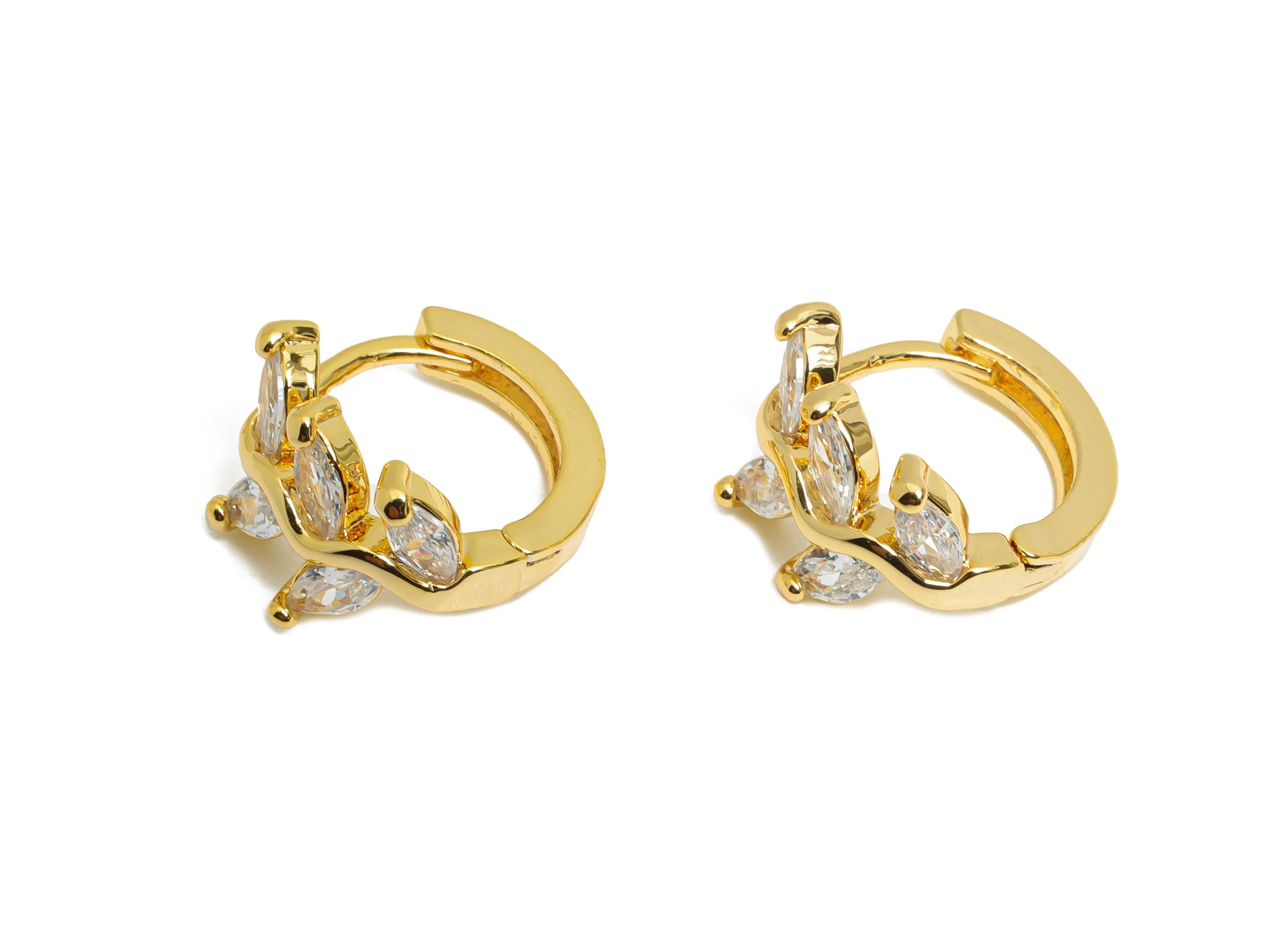 Brass Leaf Sparking Hoop - Brass Chic Huggie Hoop Clasp - Elegant Branch Cubic Zircon Earring - 18K Real Gold Plating - 15x6x3mm - RGP9684 - DOMEDBAZAAR