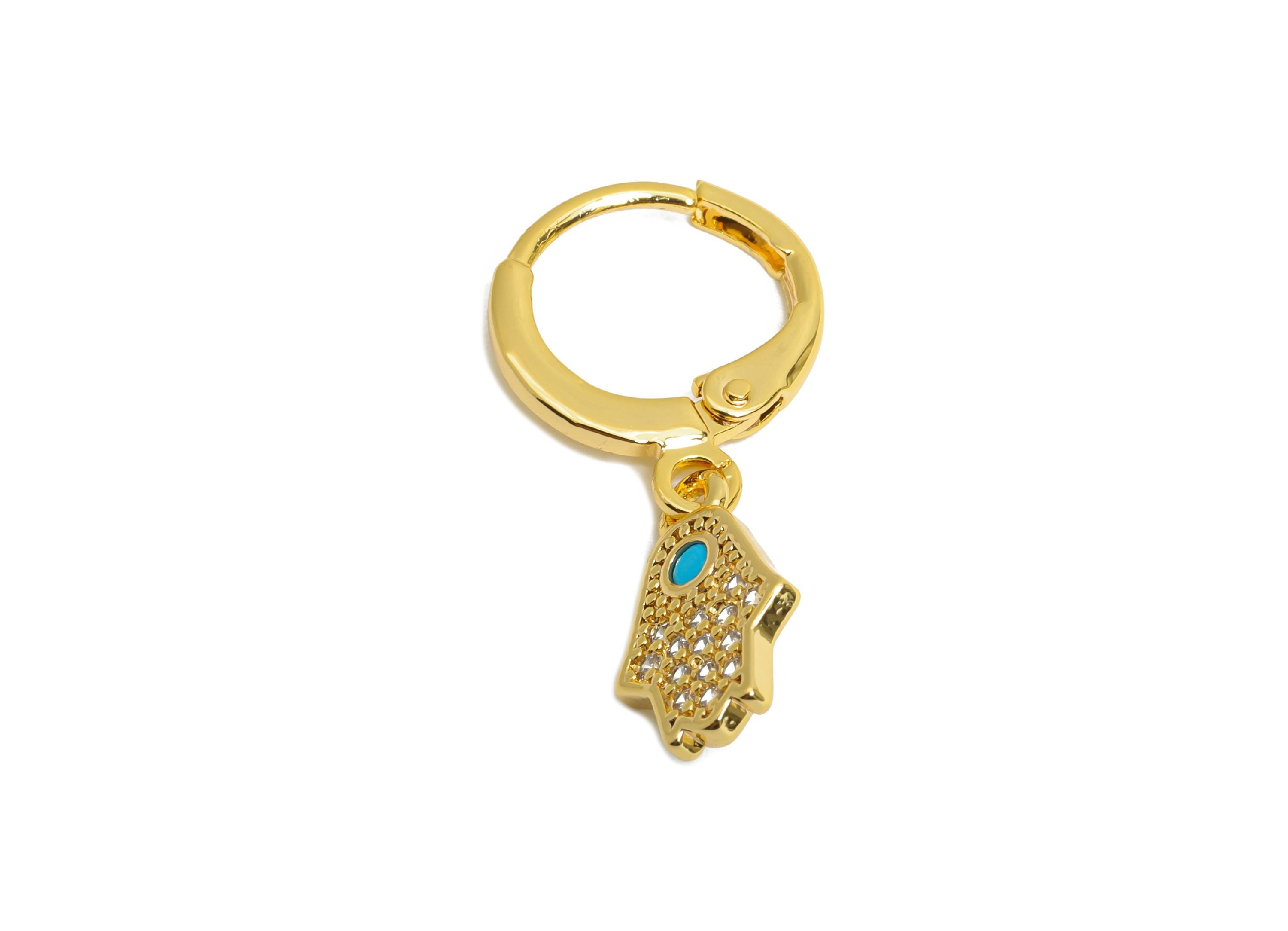 Gold Hamsa Leverback Earring - Brass Dangle Huggie Hoop Clasp - Cubic Zircon Earring - 18K Real Gold Plated - 13x8x1mm - RGP9680 - DOMEDBAZAAR