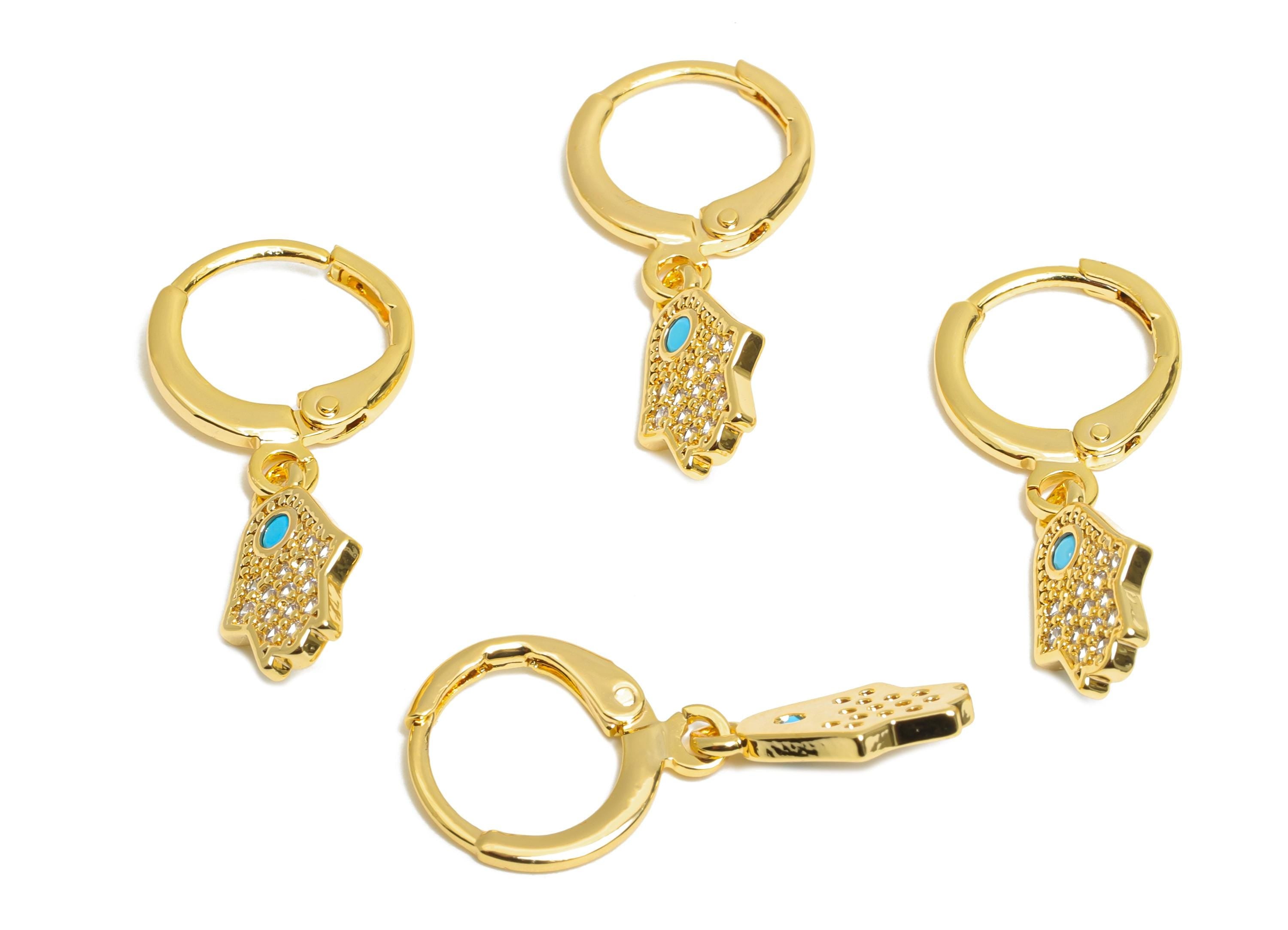 Gold Hamsa Leverback Earring - Brass Dangle Huggie Hoop Clasp - Cubic Zircon Earring - 18K Real Gold Plated - 13x8x1mm - RGP9680 - DOMEDBAZAAR