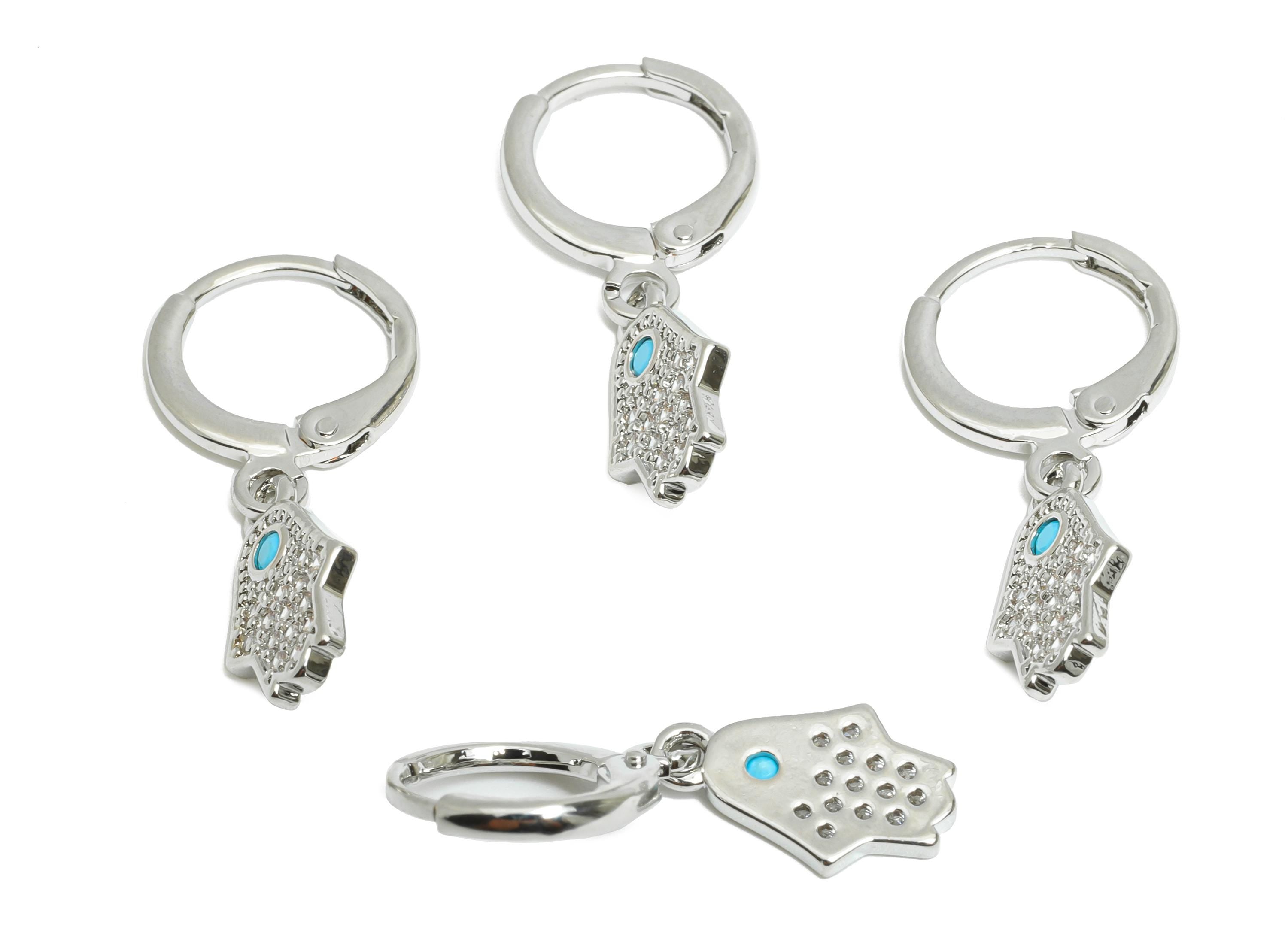 Silver Hamsa Leverback Earring - Brass Dangle Huggie Hoop Clasp - Cubic Zircon Earring - 18K Real White Gold Plated - 13x8x1mm - RGP9680S - DOMEDBAZAAR