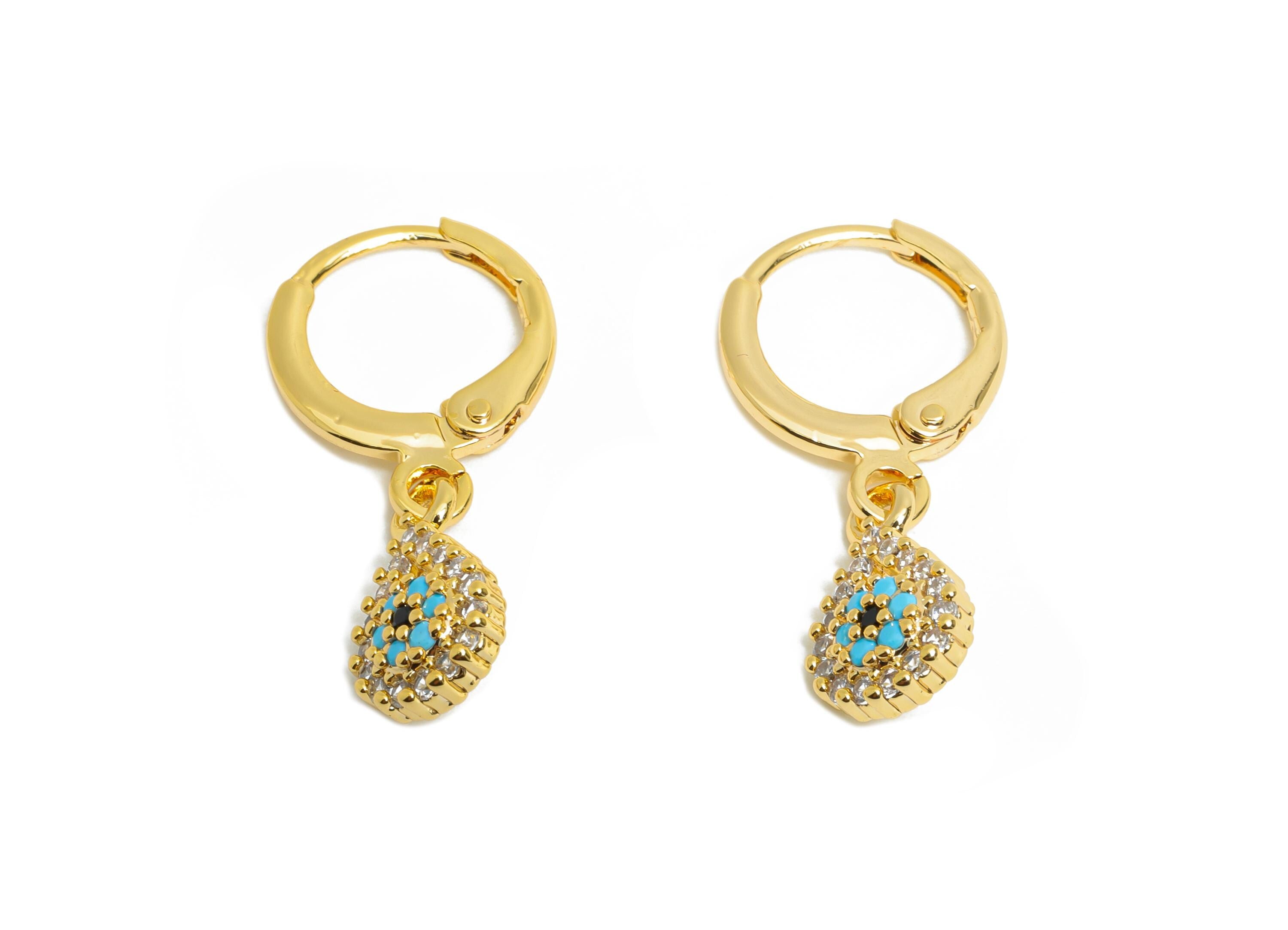 Gold Evil Eye Leverback Earring - Brass Dangle Huggie Hoop Clasp - Cubic Zircon Earring - 18K Real Gold Plated - 11x7x2mm - RGP9679 - DOMEDBAZAAR