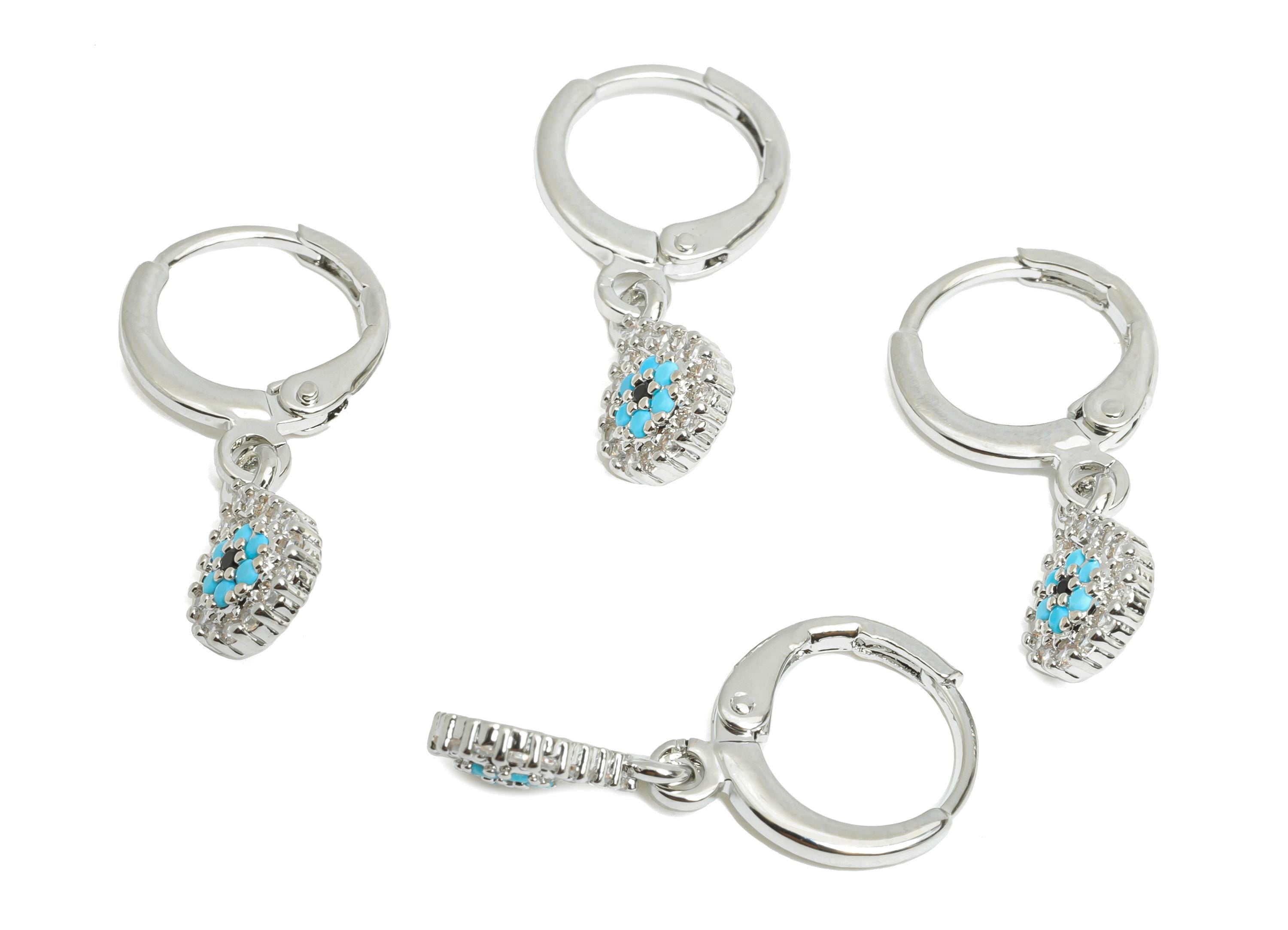 Silver Evil Eye Leverback Earing - Brass Dangle Huggie Hoop Clasp - Cubic Zircon Earring - 18K Real White Gold Plated - 11x7x2mm - RGP9679S - DOMEDBAZAAR