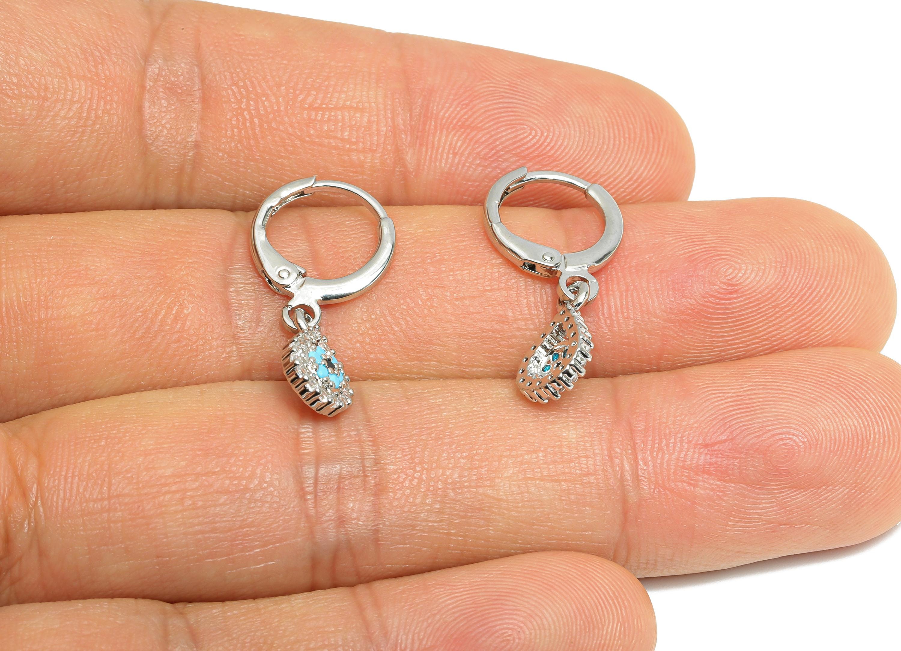Silver Evil Eye Leverback Earing - Brass Dangle Huggie Hoop Clasp - Cubic Zircon Earring - 18K Real White Gold Plated - 11x7x2mm - RGP9679S - DOMEDBAZAAR