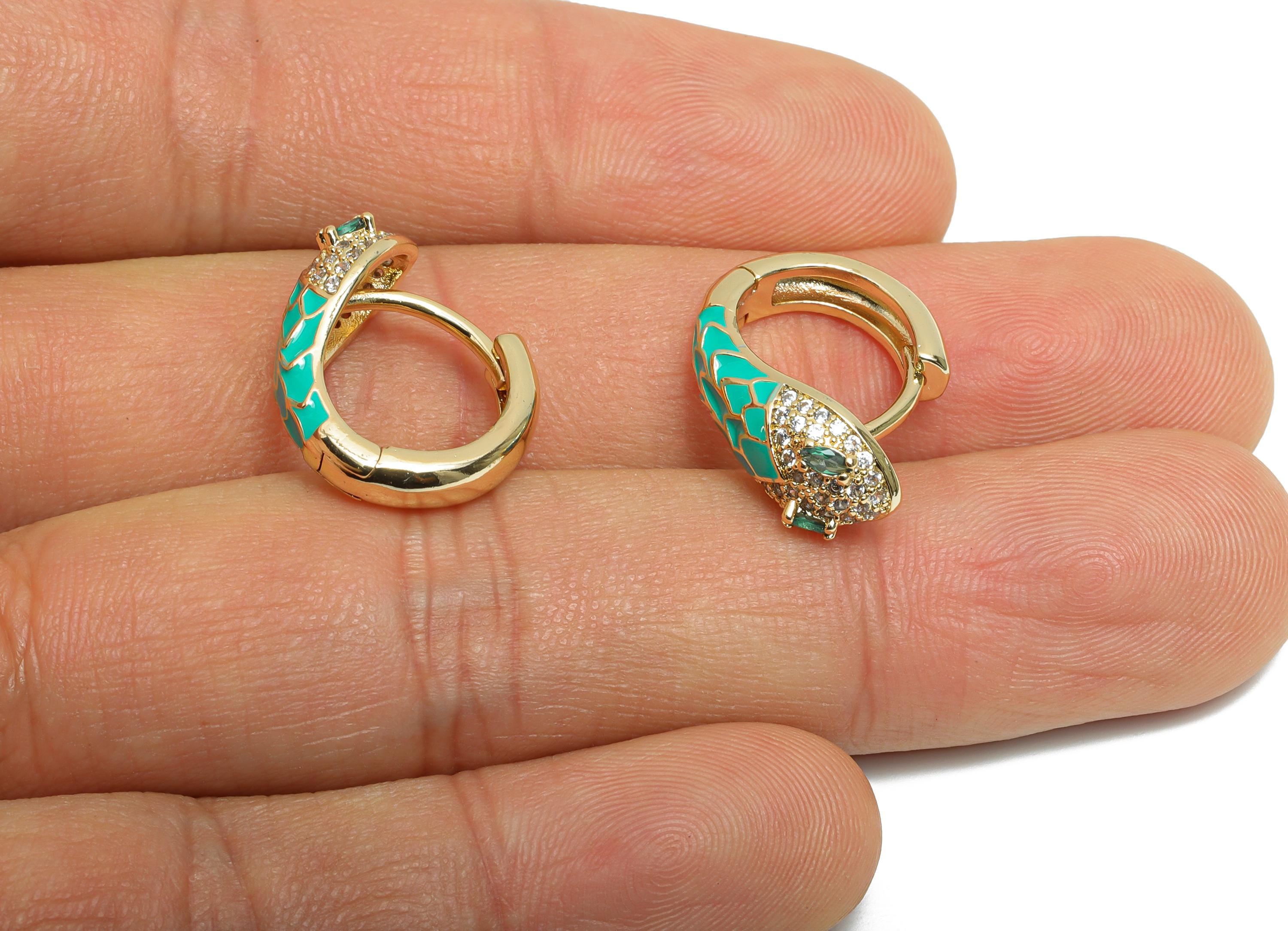 Snake Hoop Earring - Brass Green Enamel Huggie Hoop - Cubic Zircon Dainty Animal Hoop Earrings - 18K Real Gold Plating - 18x15x7mm - RGP9713 - DOMEDBAZAAR