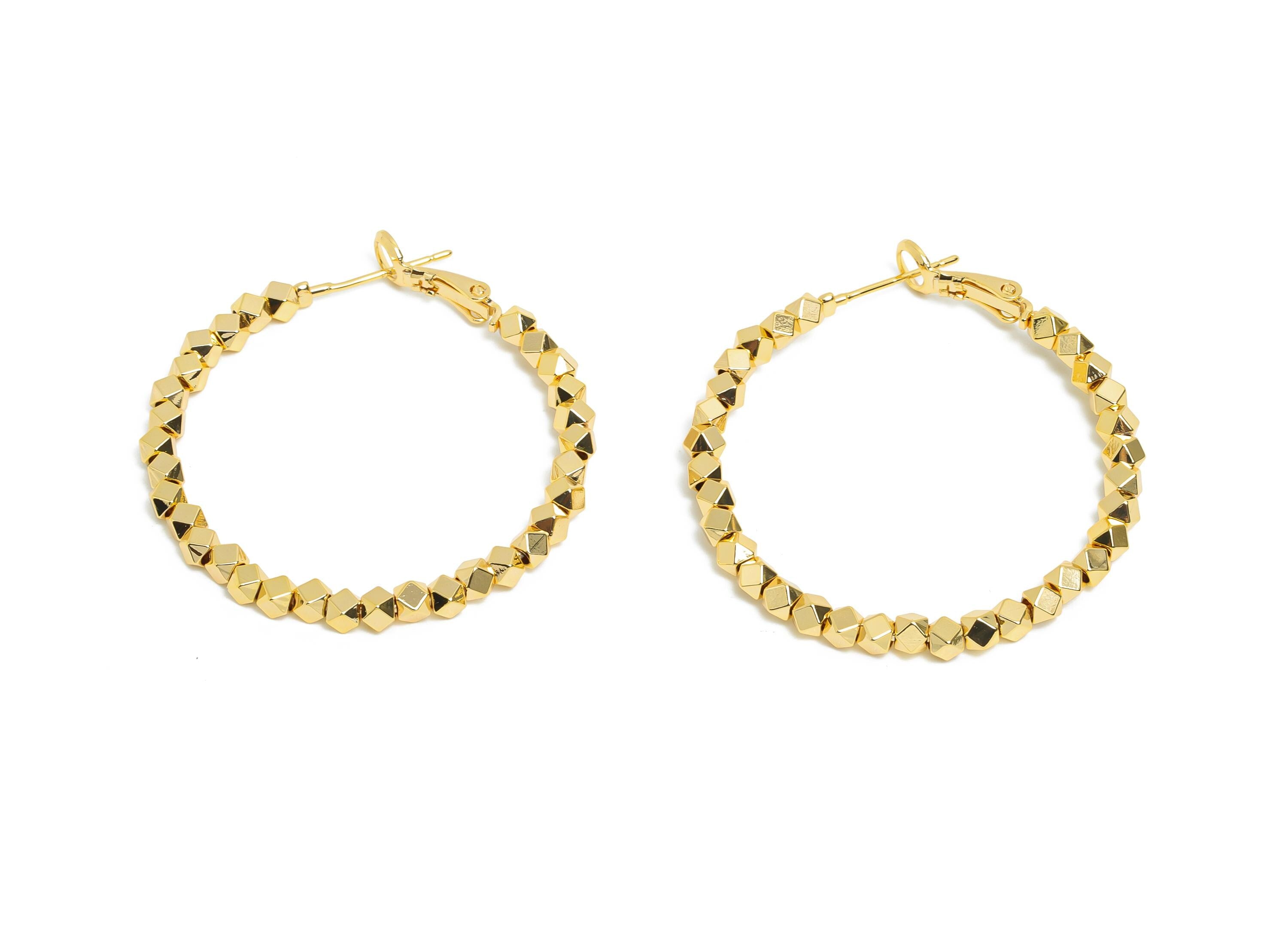 Faceted Bead Hoop Earring - Brass Polished Cubic Bead Clasp Back - Shiny Faceted Beads Earring - 18K Real Gold Plated - 40x38x2mm - RGP9637 - DOMEDBAZAAR