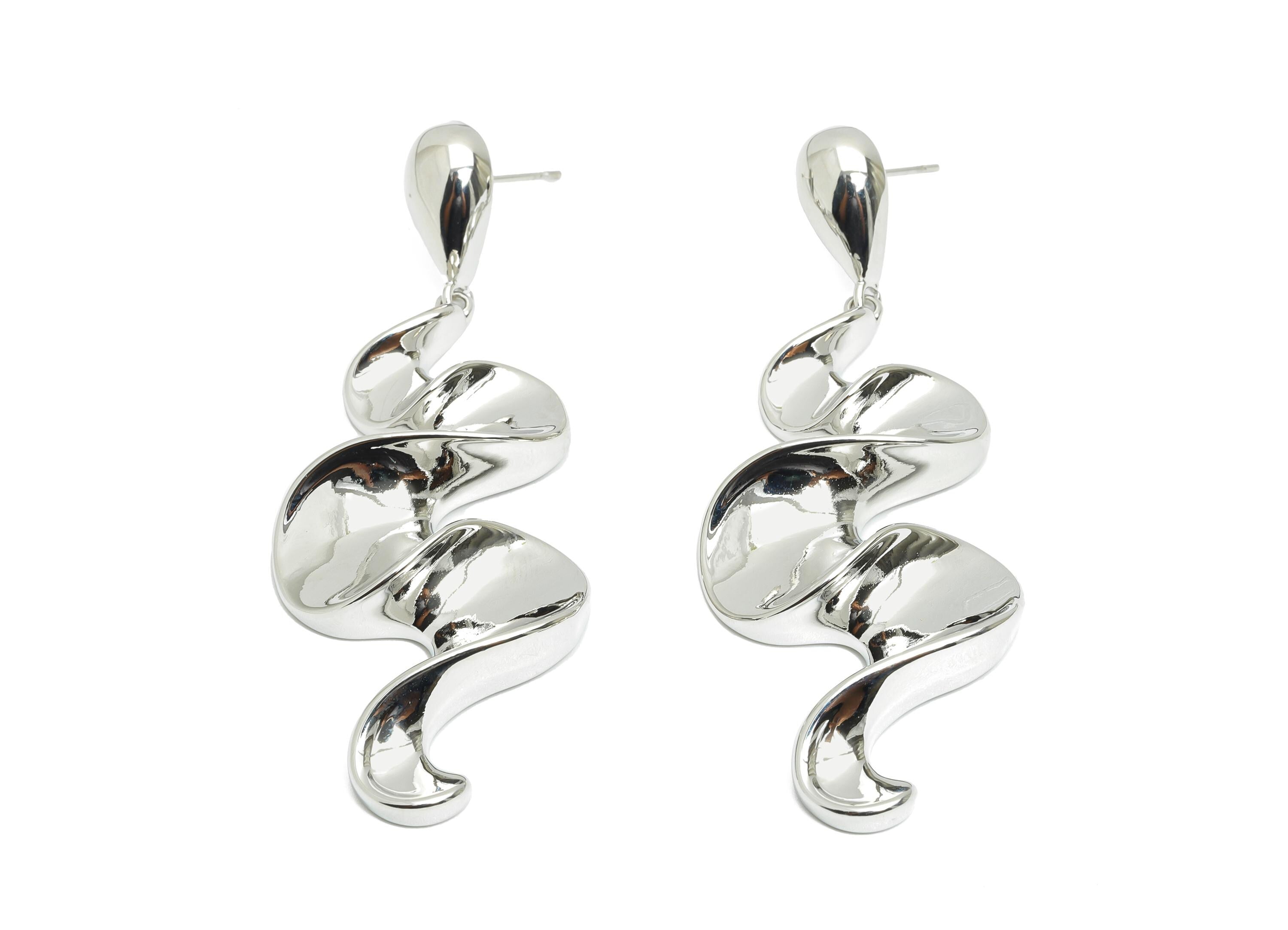 Abstract Spiral Drop Earring - Brass Dangling Earring Post - Bold Wavy Spiral Earring Stud - 18K Real White Gold Plated - 68x24x7mm-RGP9645S - DOMEDBAZAAR