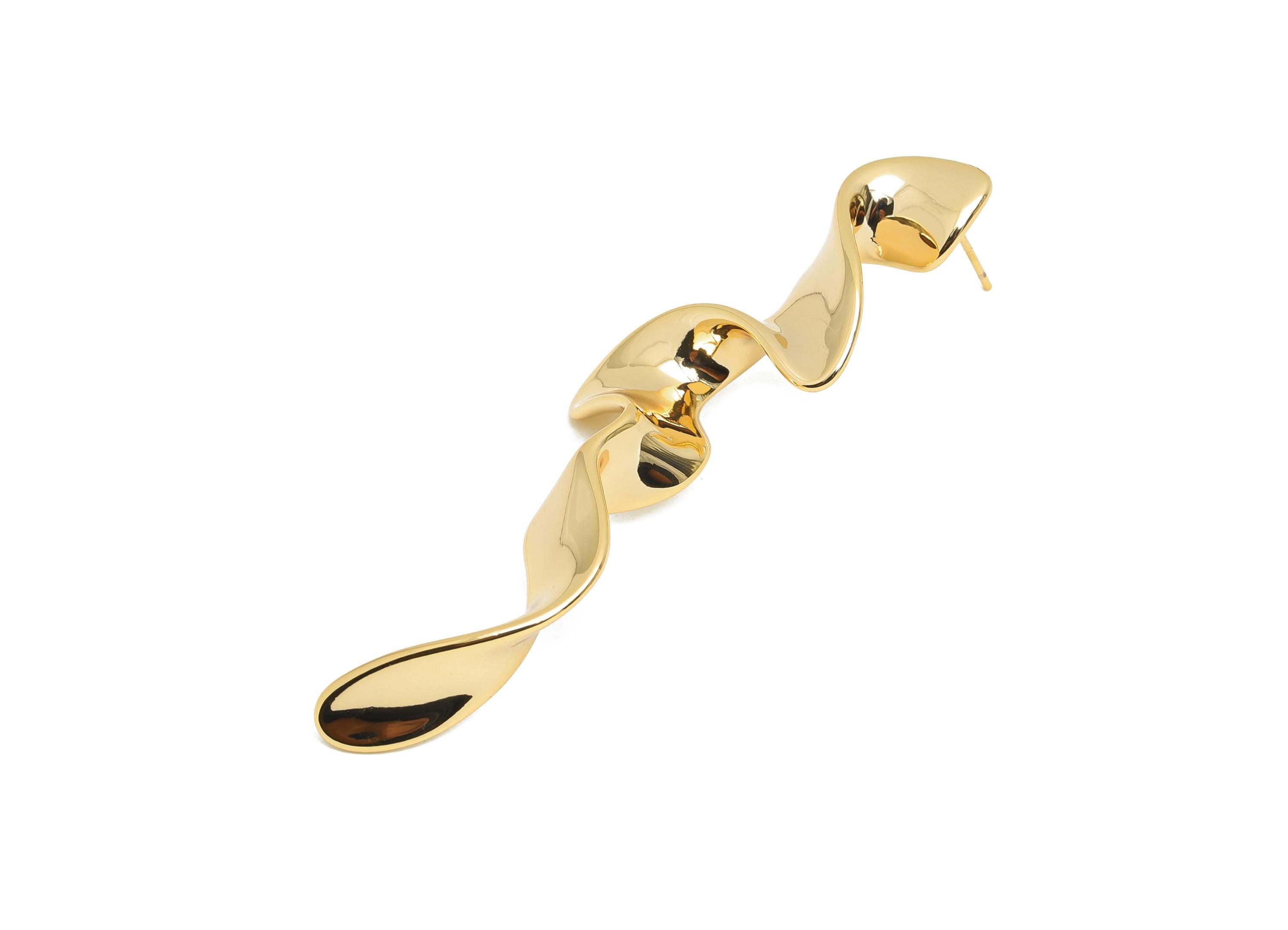 Curvy Abstract Earring Stud - Brass Twisted Gold Earring Post - Golden Ripple Earring Stud - 18K Real Gold Plated - 68x24x6.7mm - RGP9646 - DOMEDBAZAAR