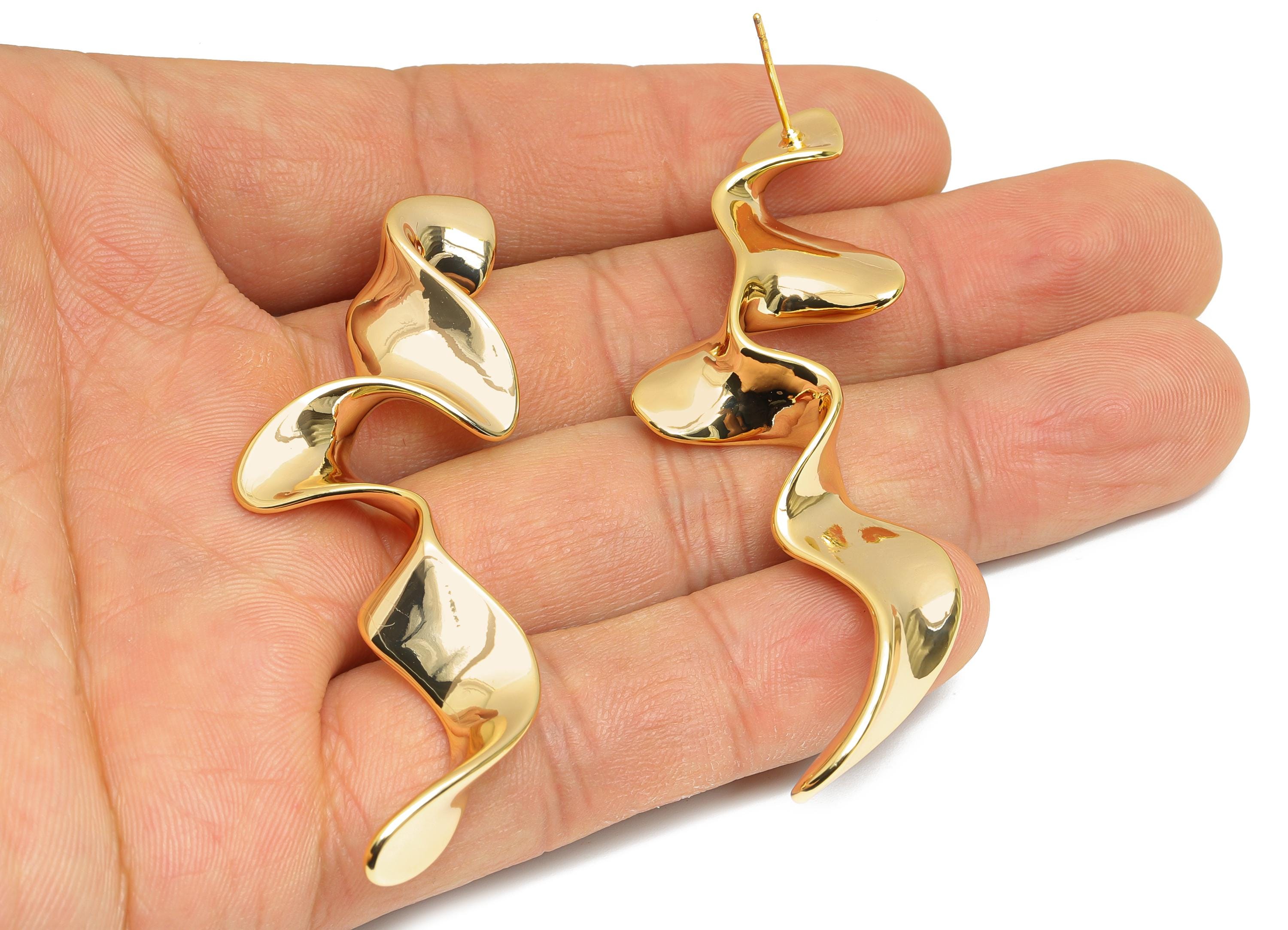 Curvy Abstract Earring Stud - Brass Twisted Gold Earring Post - Golden Ripple Earring Stud - 18K Real Gold Plated - 68x24x6.7mm - RGP9646 - DOMEDBAZAAR
