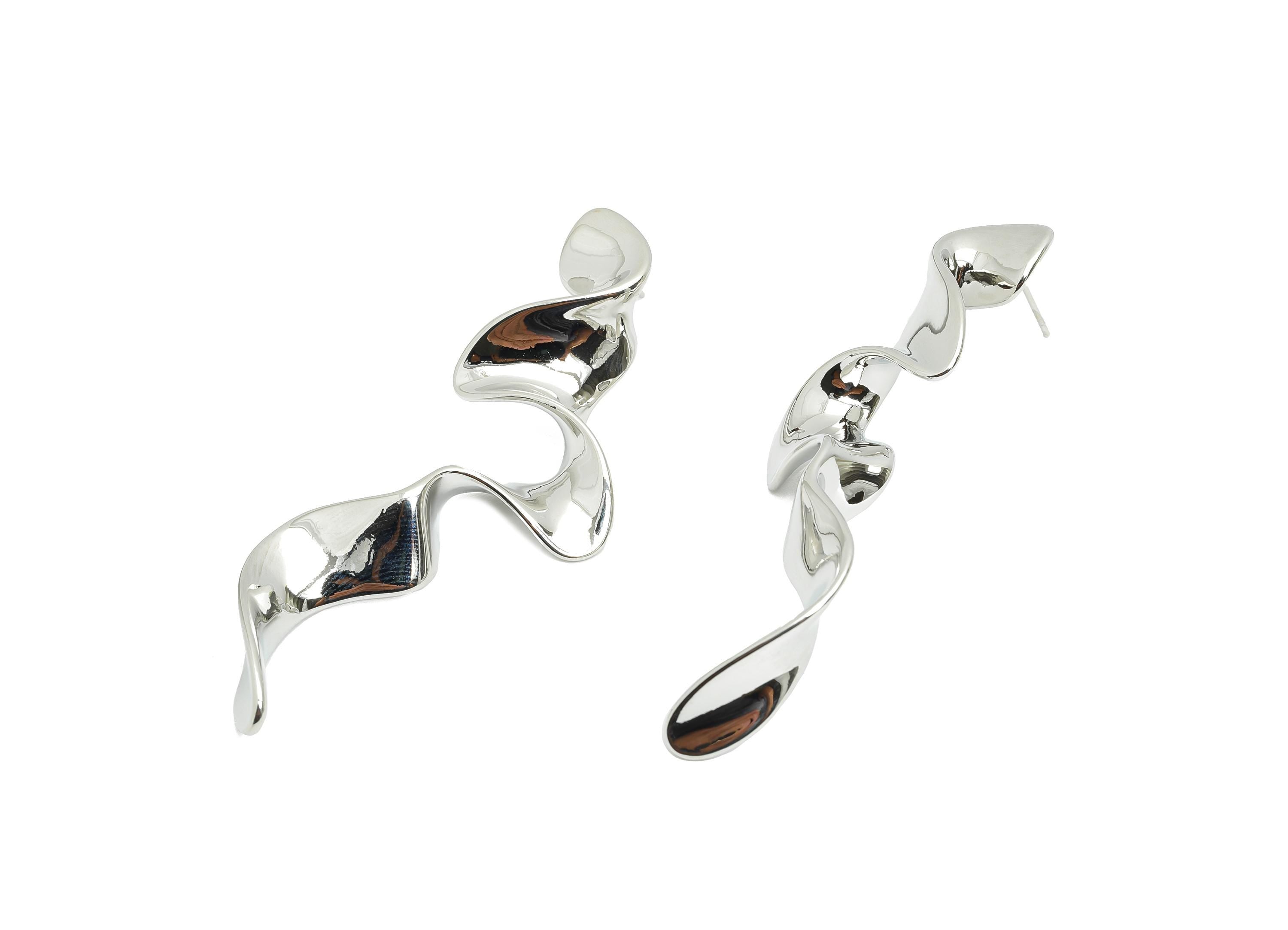 Curvy Abstract Earring Stud - Brass Twisted Gold Earring Post -  Ripple Earring Stud - 18K Real White Gold Plated - 68x24x6.7mm - RGP9646S - DOMEDBAZAAR